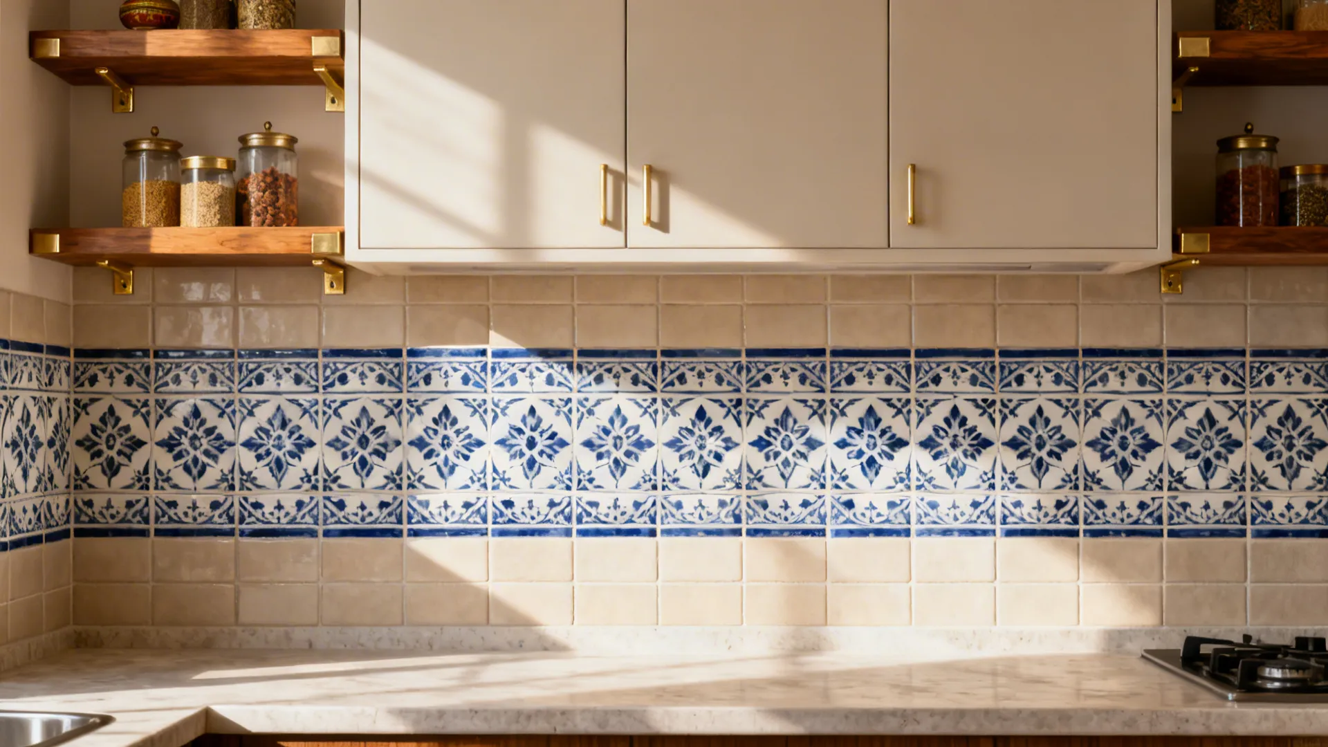 Indigo patterned encaustic-style tile band under cabinets with neutral field tiles.