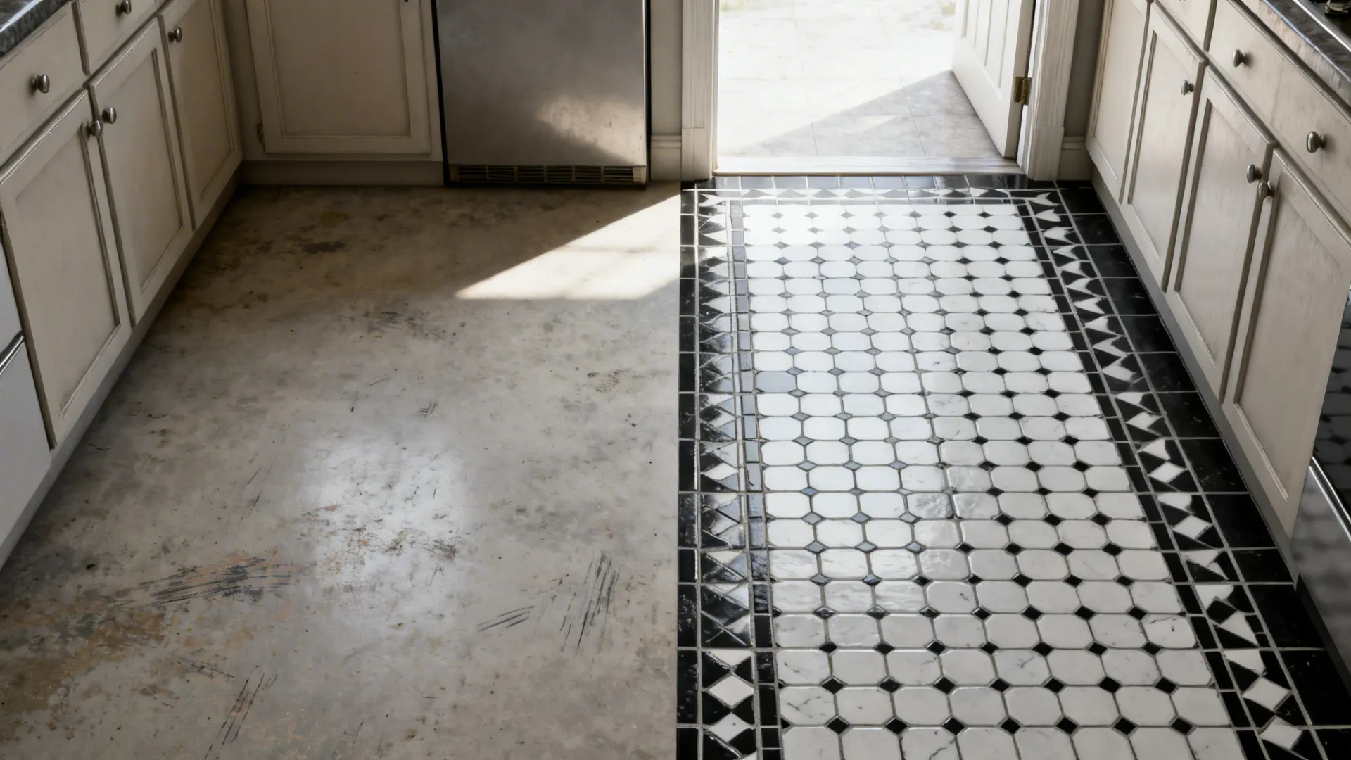 Before-and-after comparison showing a small kitchen transformed with a black-and-white patterned floor.
