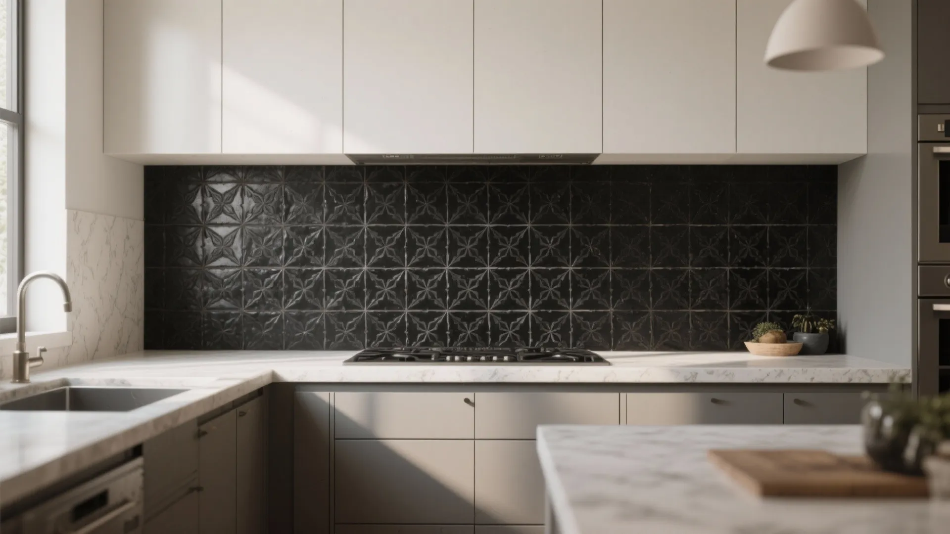 3. Black patterned encaustic-look tiles for drama