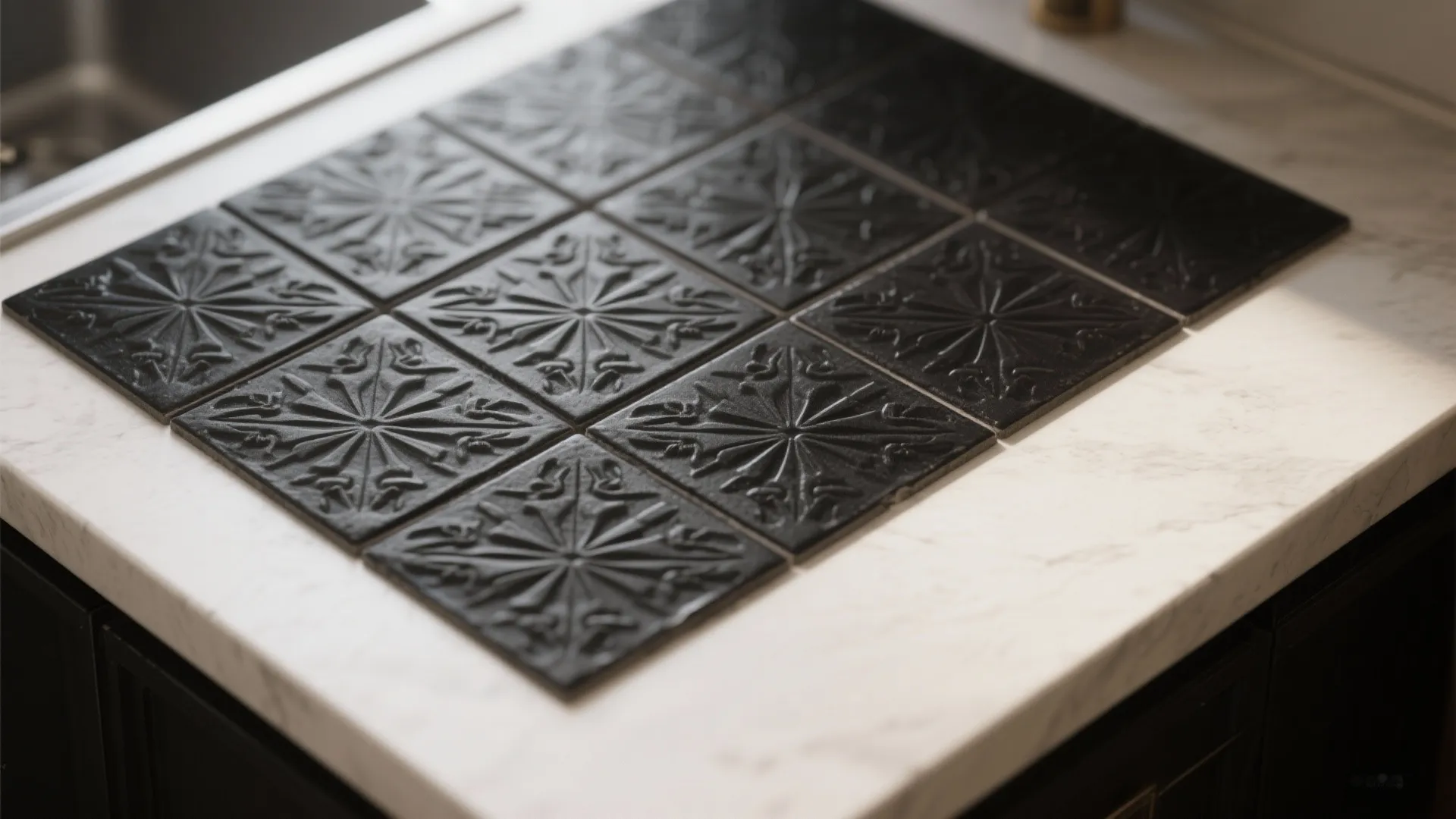 Close up view of black patterned square floor tiles placed on a white marble stone surface