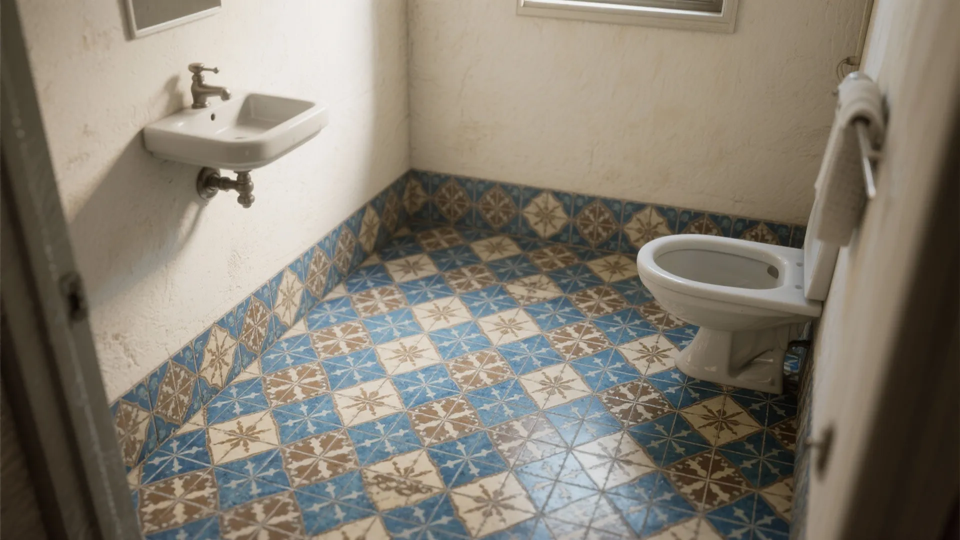 Small bathroom with bold blue-and-brown patterned encaustic-look floor tiles and understated walls