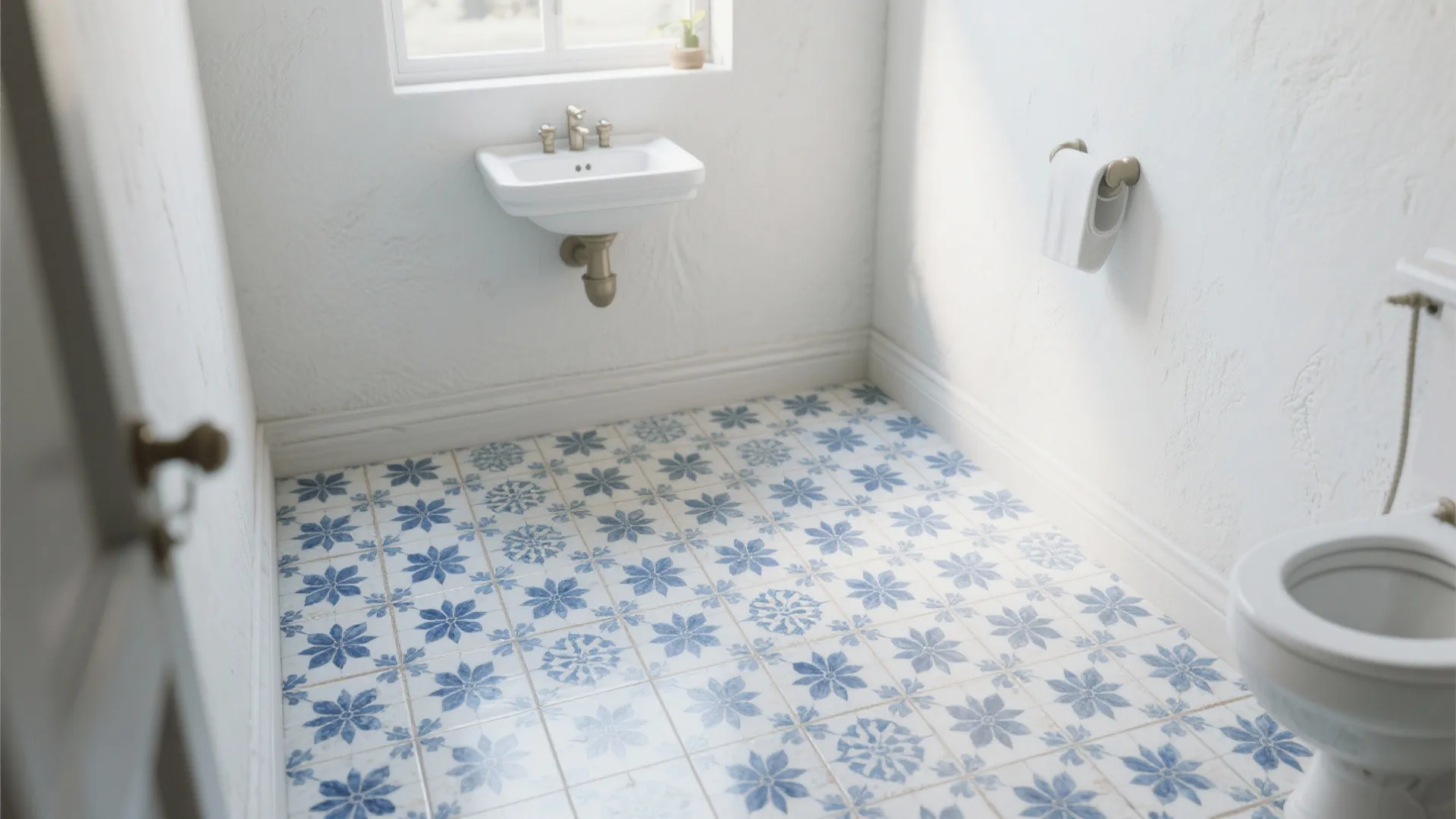 Small white bathroom featuring blue floral pattern floor tiles with a white sink and toilet