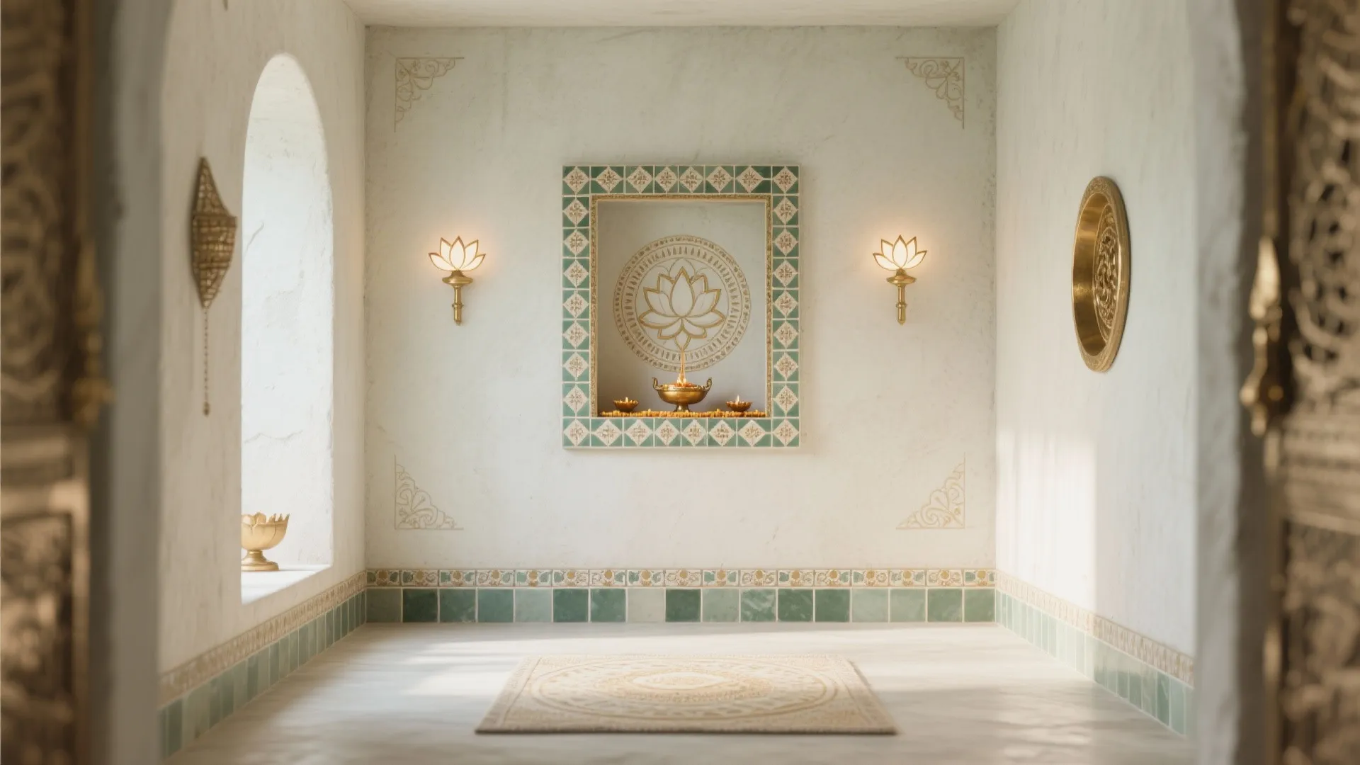 White room with green tile border lotus wall art two wall lights and a rug
