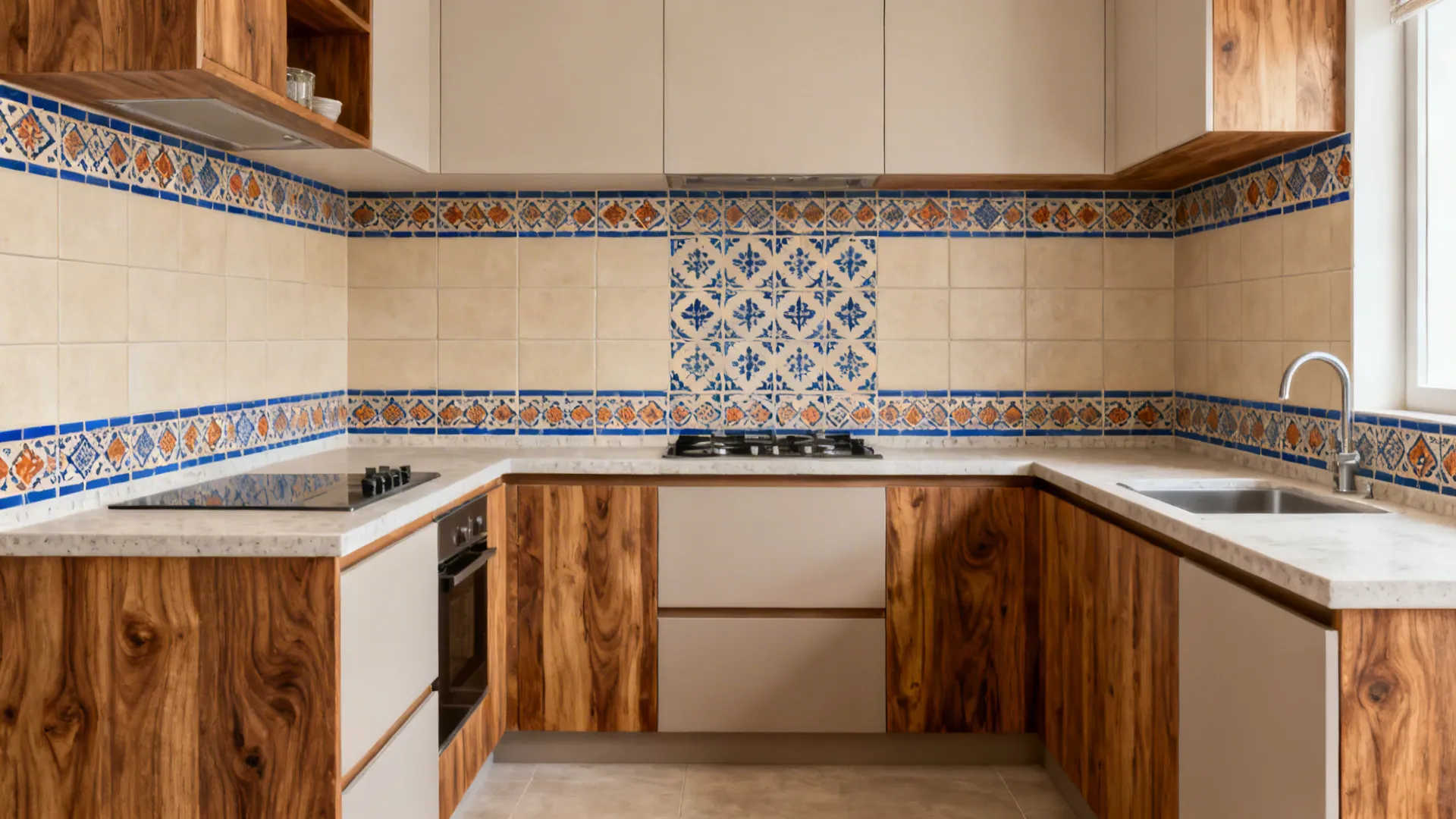 Encaustic-look porcelain tiles in a Jaipur blue border accent in a modern Indian kitchen.