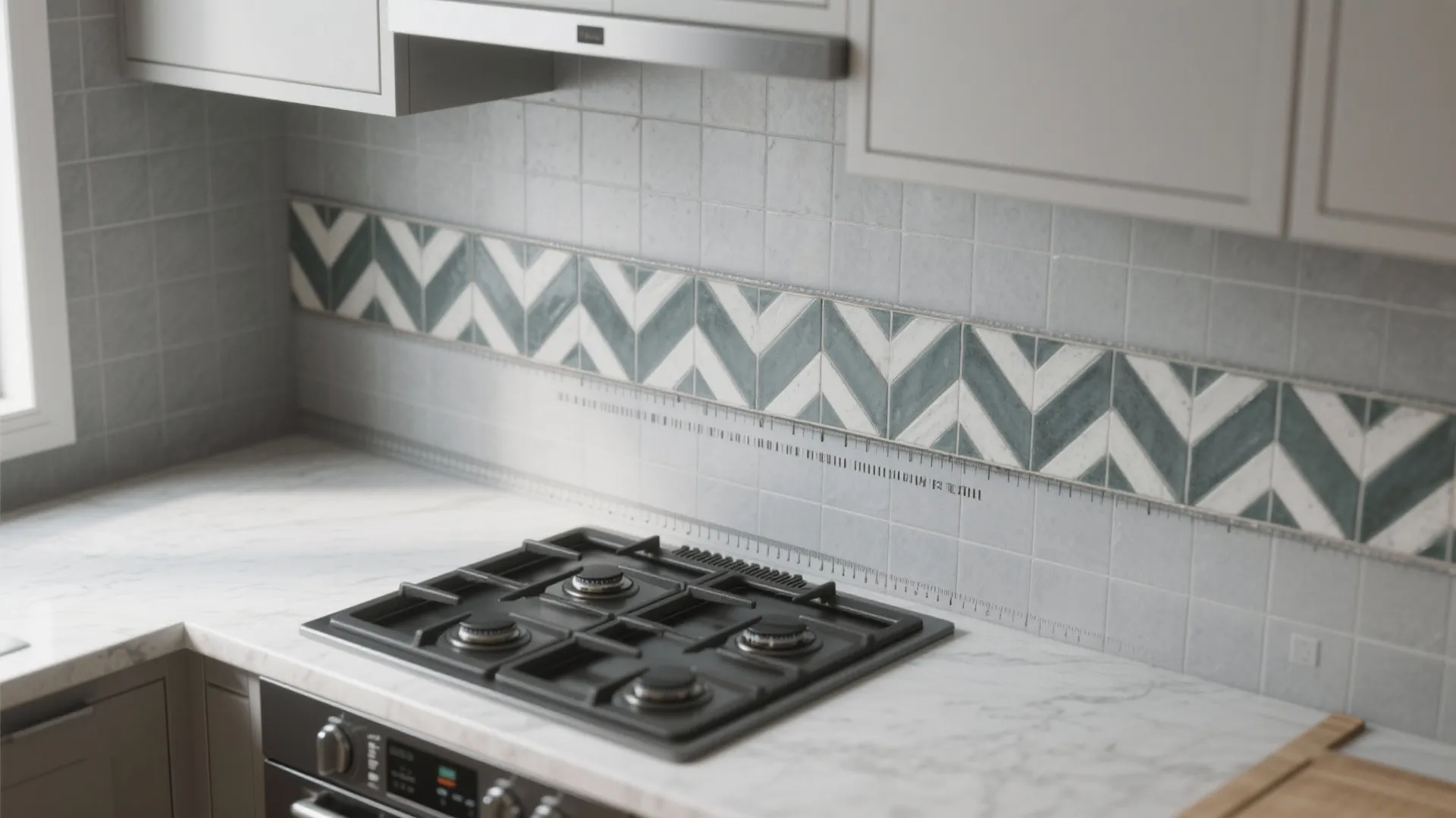 Top-down mockup of a chevron encaustic tile accent strip behind a cooktop, showing scale and pattern against gray surroundings.
