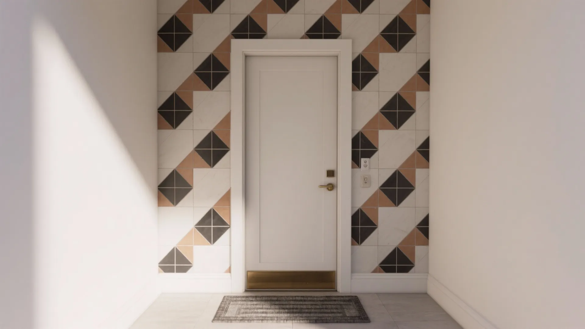 Front view of white door surrounded by geometric patterned wall tiles and small dark floor rug