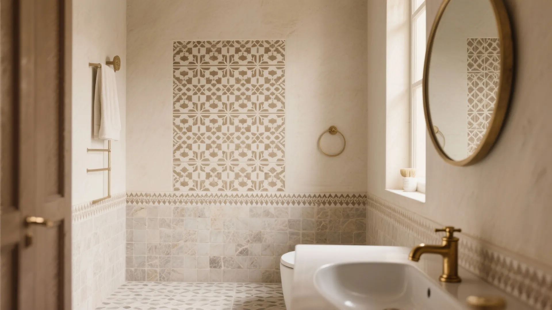 Patterned Encaustic-Look Feature Wall + Neutral Ground