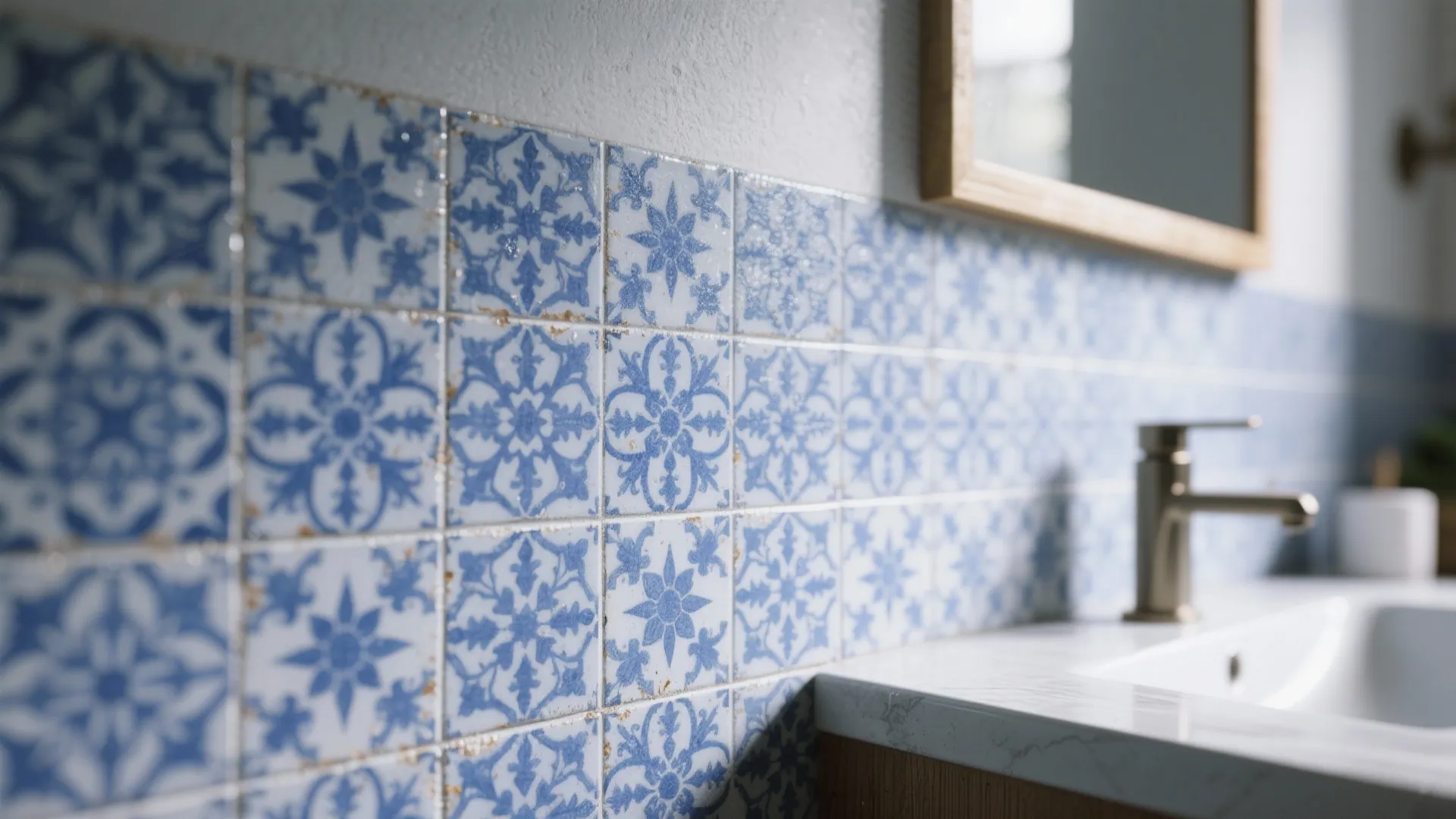 3. Patterned encaustic-look blue tiles as a feature