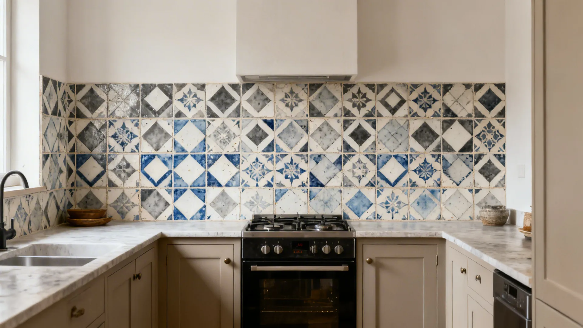 Compact kitchen with a patterned encaustic-look tile feature behind the range.