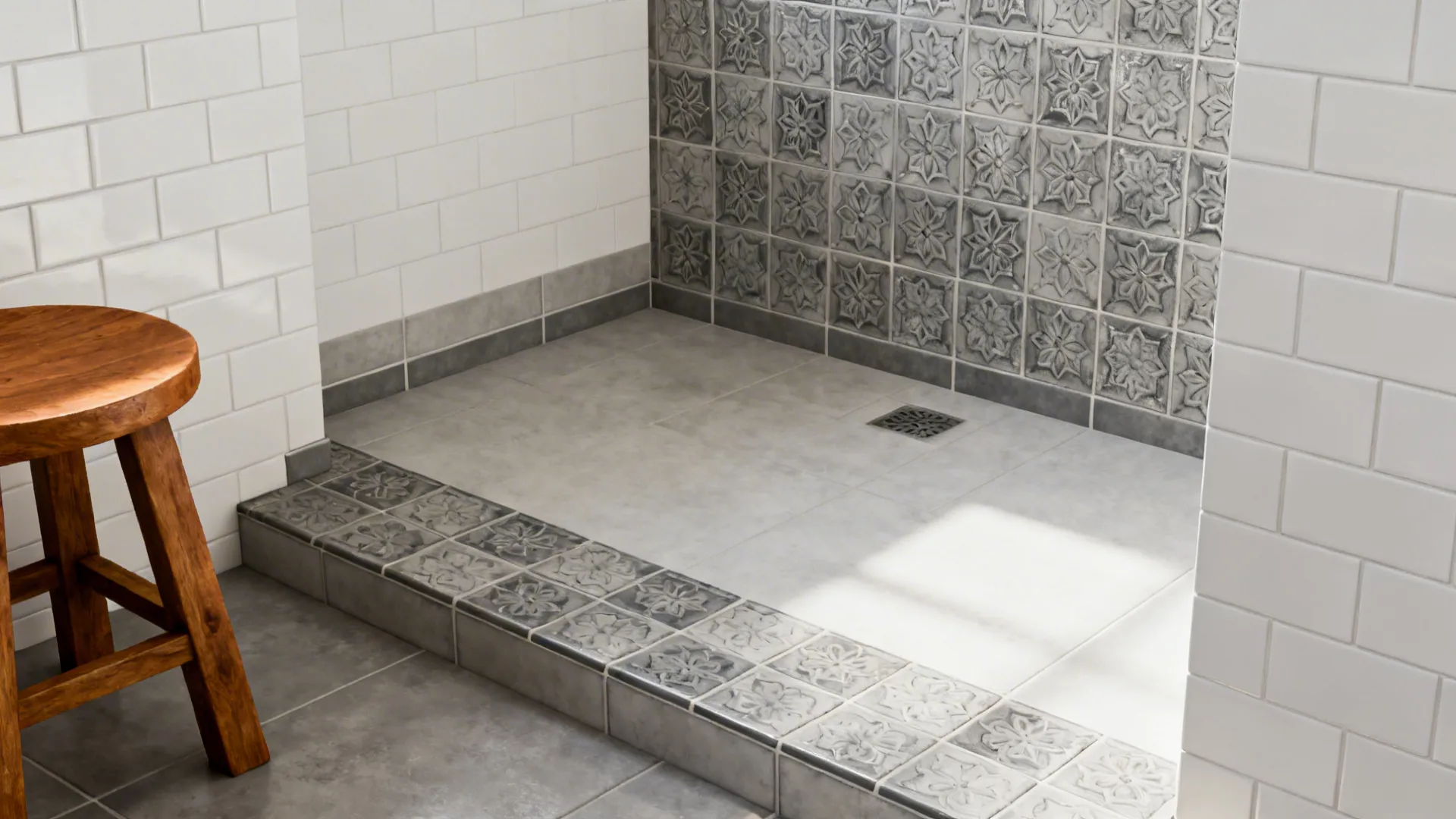 Patterned gray encaustic tiles paired with white field tiles in a shower corner with a wooden stool.
