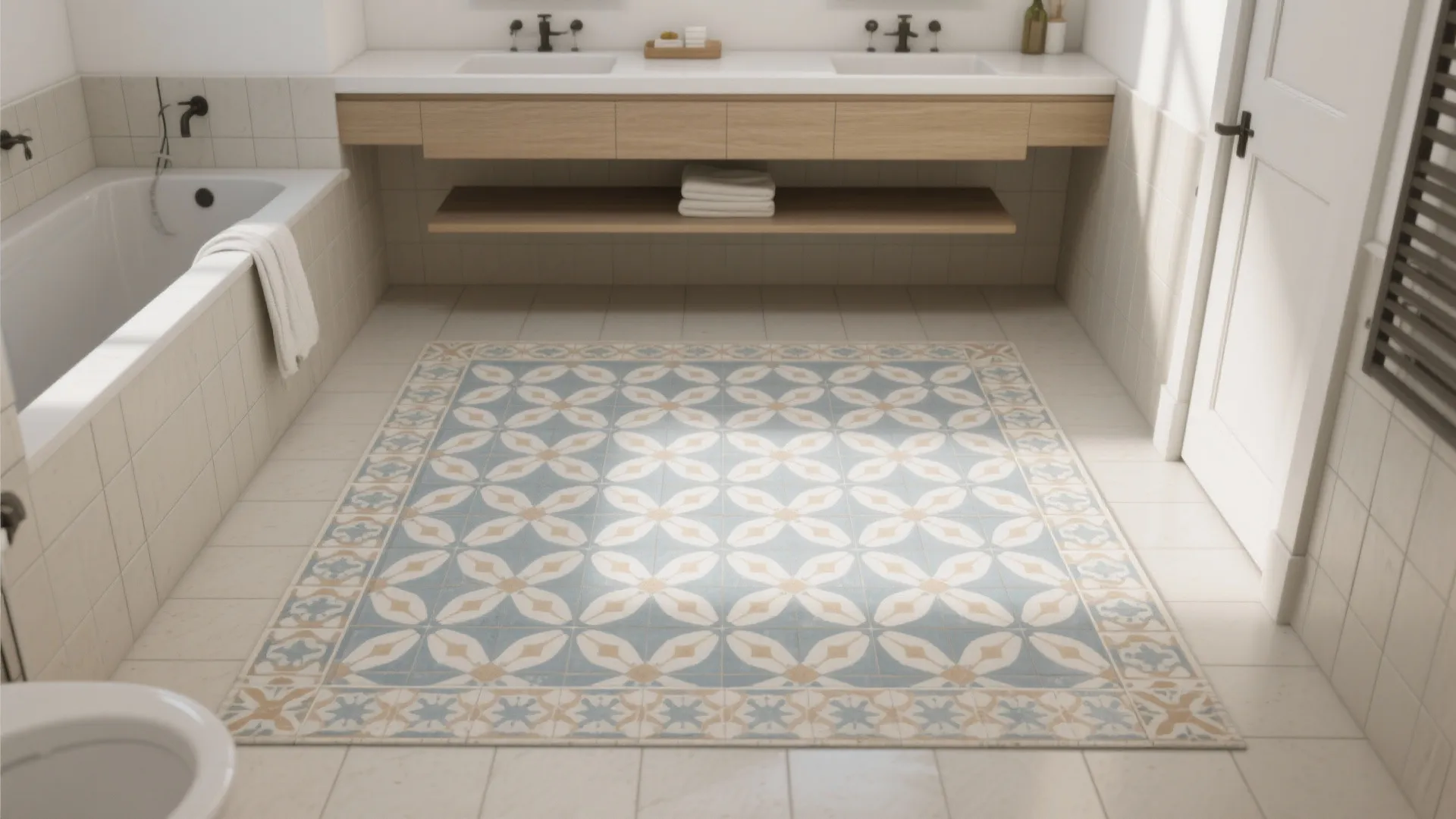 Patterned encaustic-look tiles as a feature rug