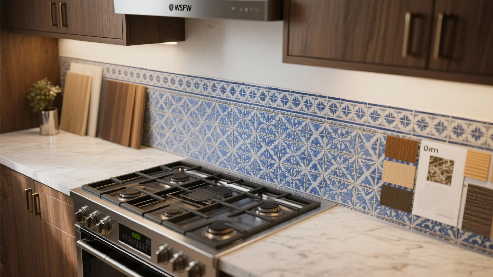 4. Patterned blue encaustic-style tiles as a statement strip