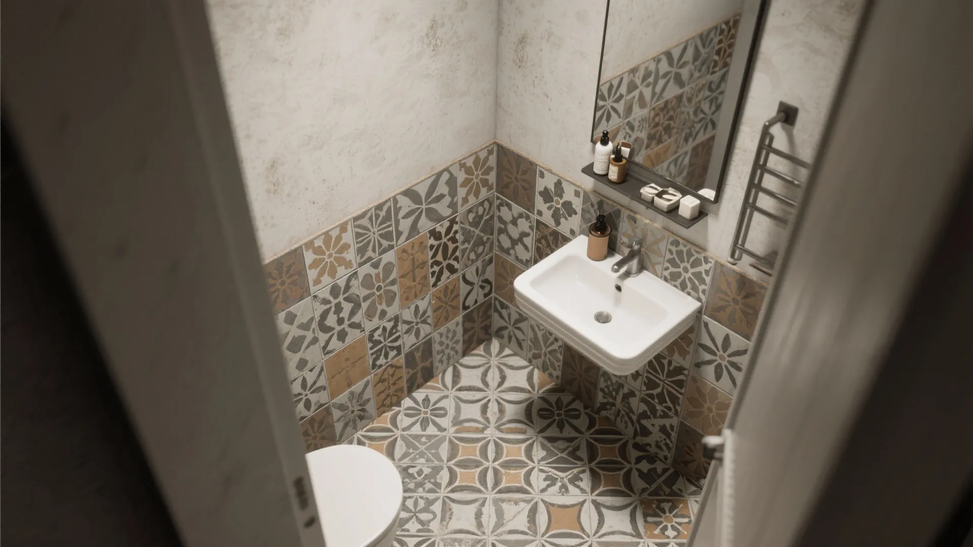 Modern bathroom with pattern wall tiles white sink small mirror towel rack and white toilet