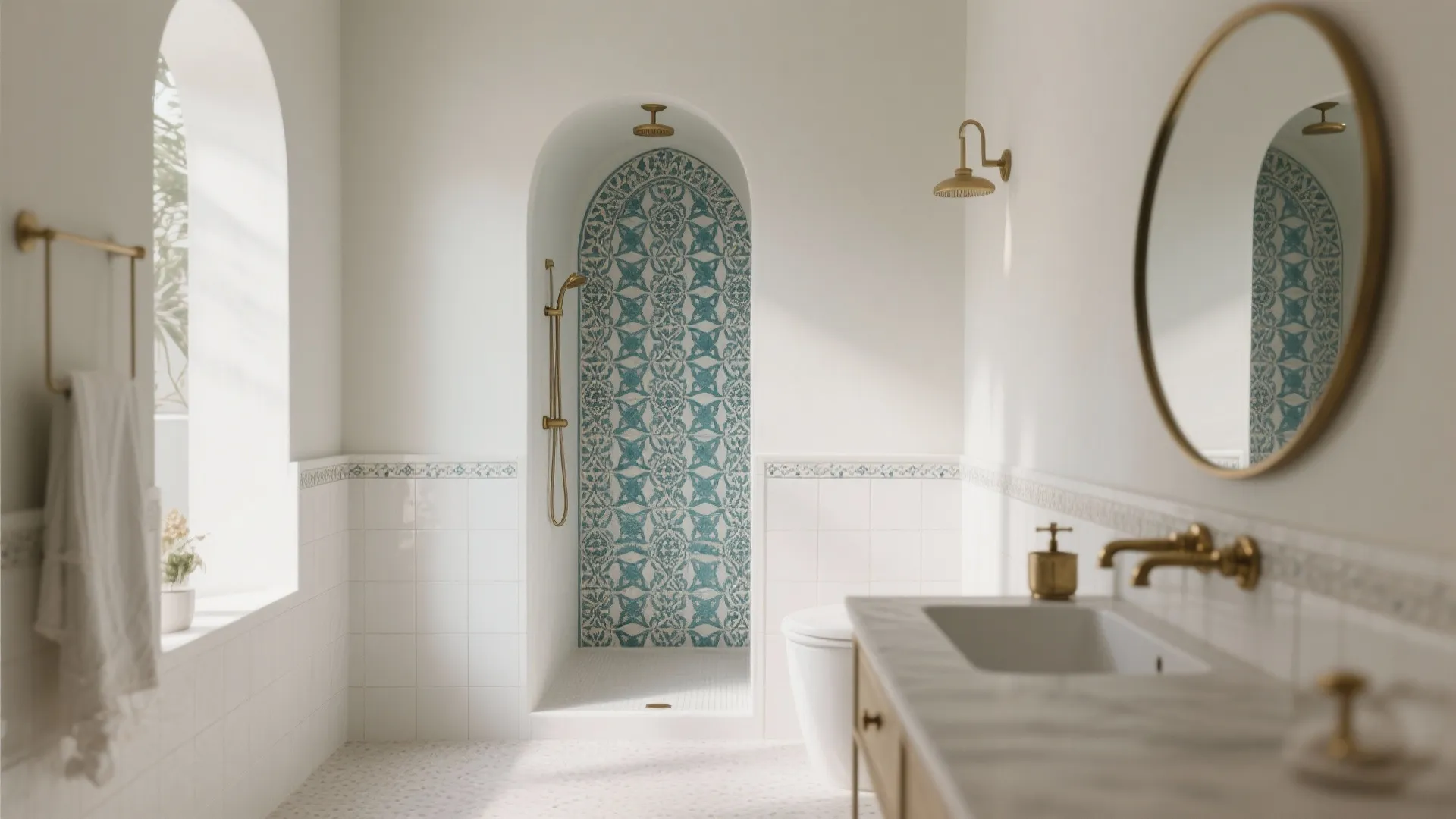 White bathroom featuring arched shower with blue pattern tiles gold light fixtures and round wall mirror