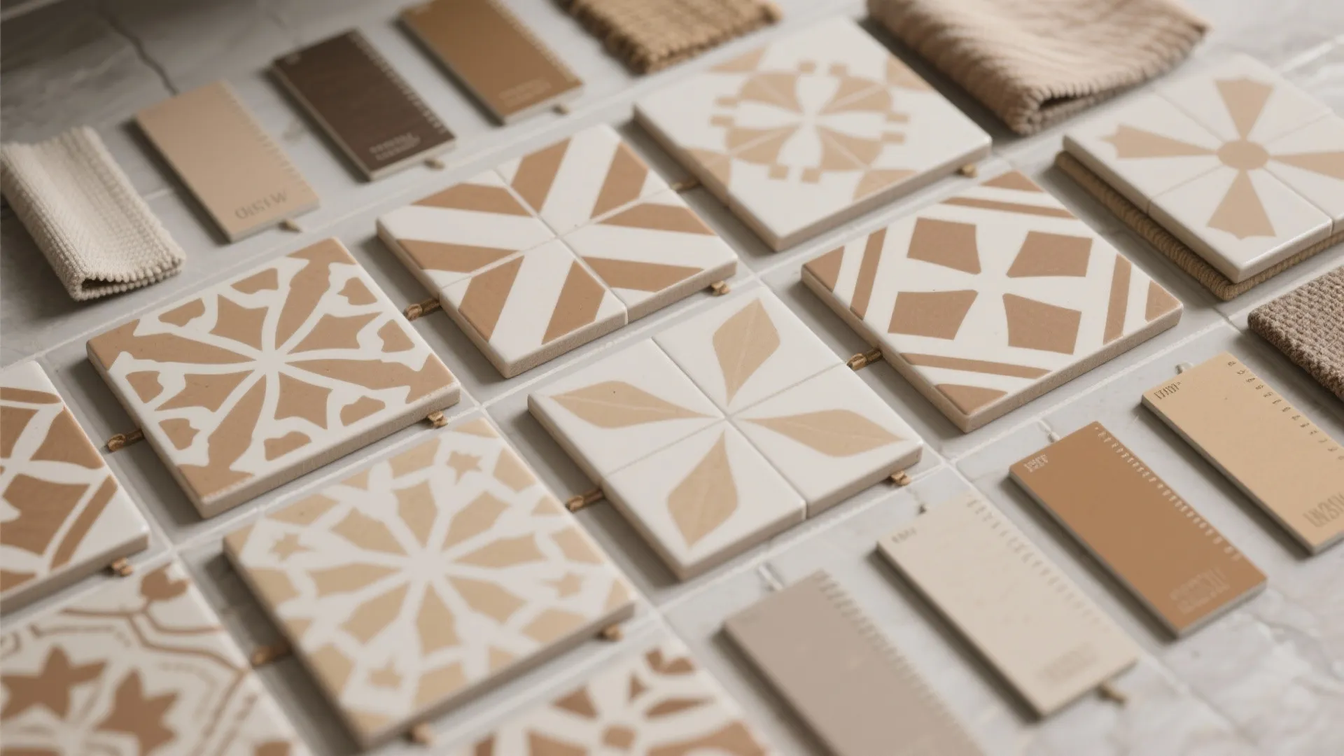 Collection of patterned beige wall tiles and color samples displayed on a light grey surface