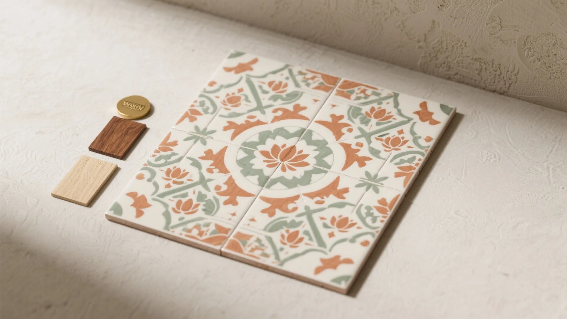Flat lay of low-contrast encaustic-look tiles in cream, terracotta, and sage with lotus and jali motifs.