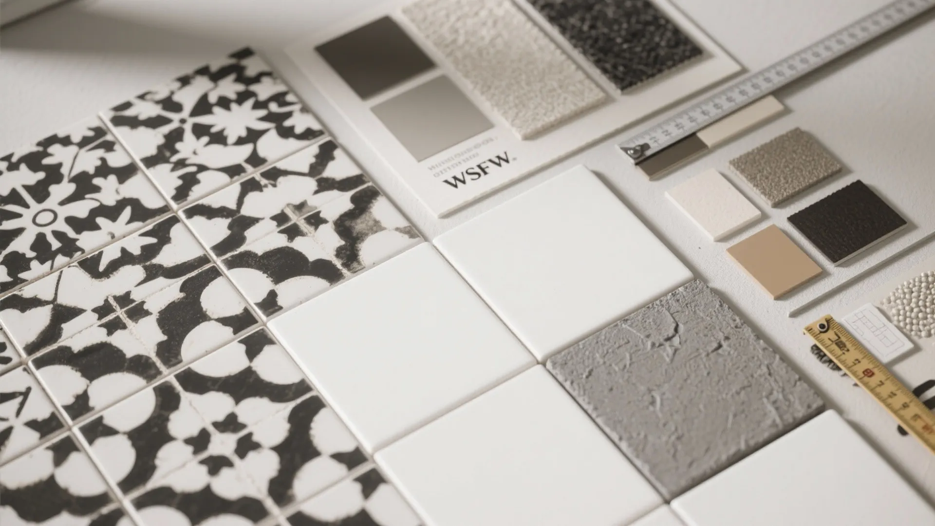 Collection of bathroom floor tile samples including patterned white and grey textures with measuring tape
