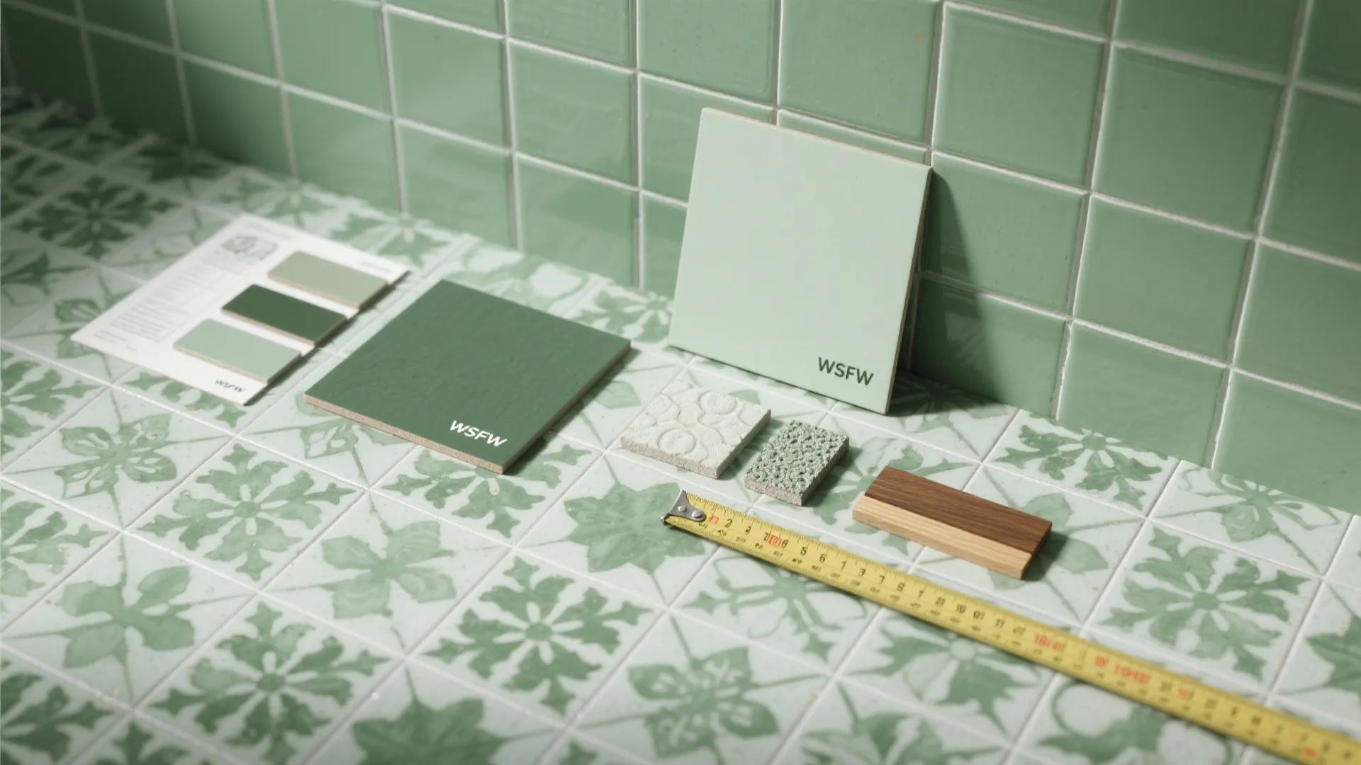 3. Patterned green encaustic-look tiles for vintage charm