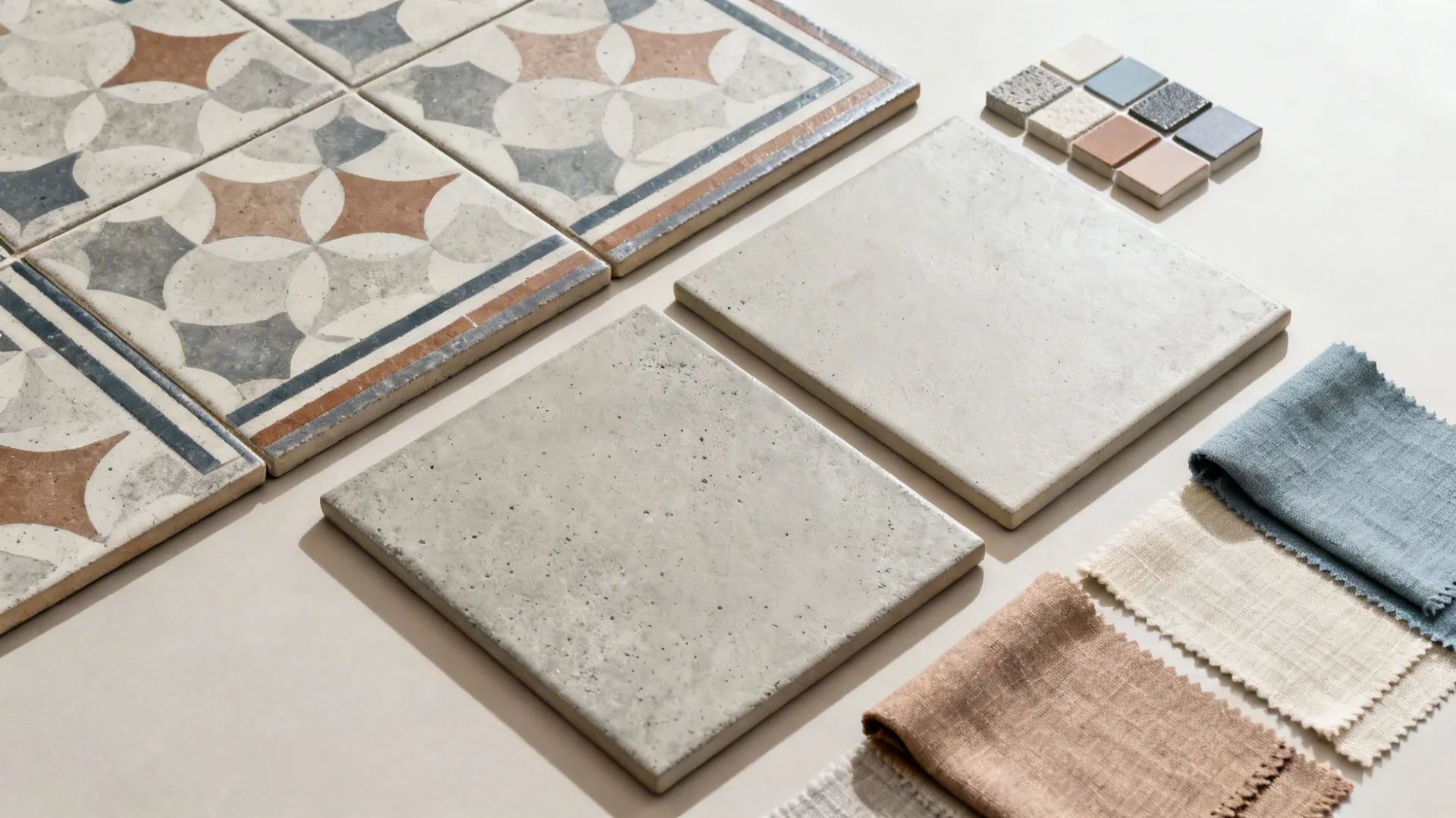 Patterned floor tiles with plain grey tiles and colorful fabric swatches on a light surface