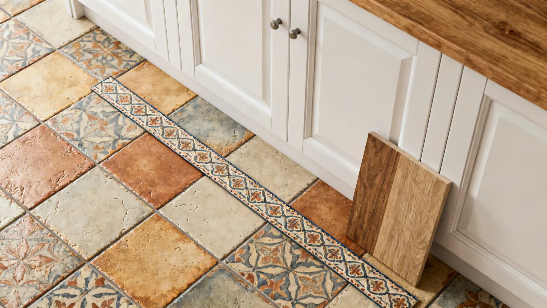 Top-down flatlay of encaustic patterned tiles with white cabinet trim and wood sample.