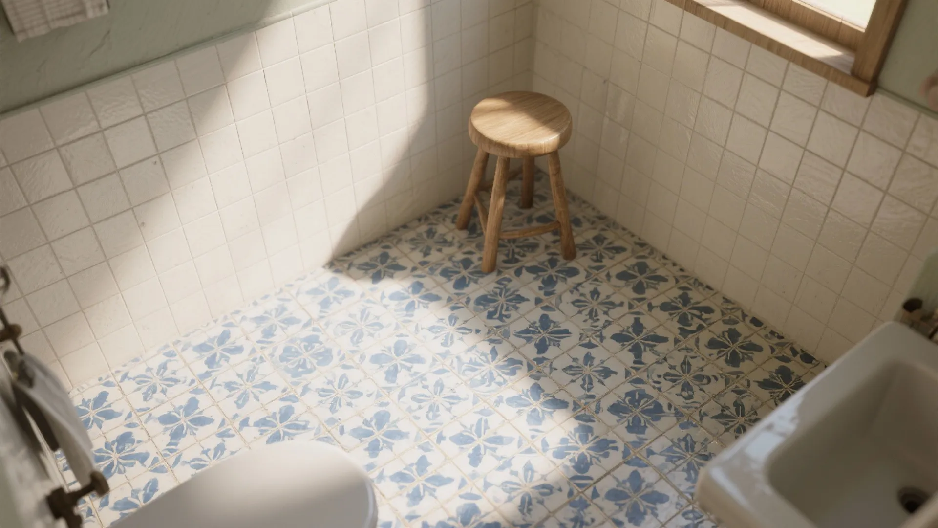 4. Patterned encaustic-style tiles on the floor