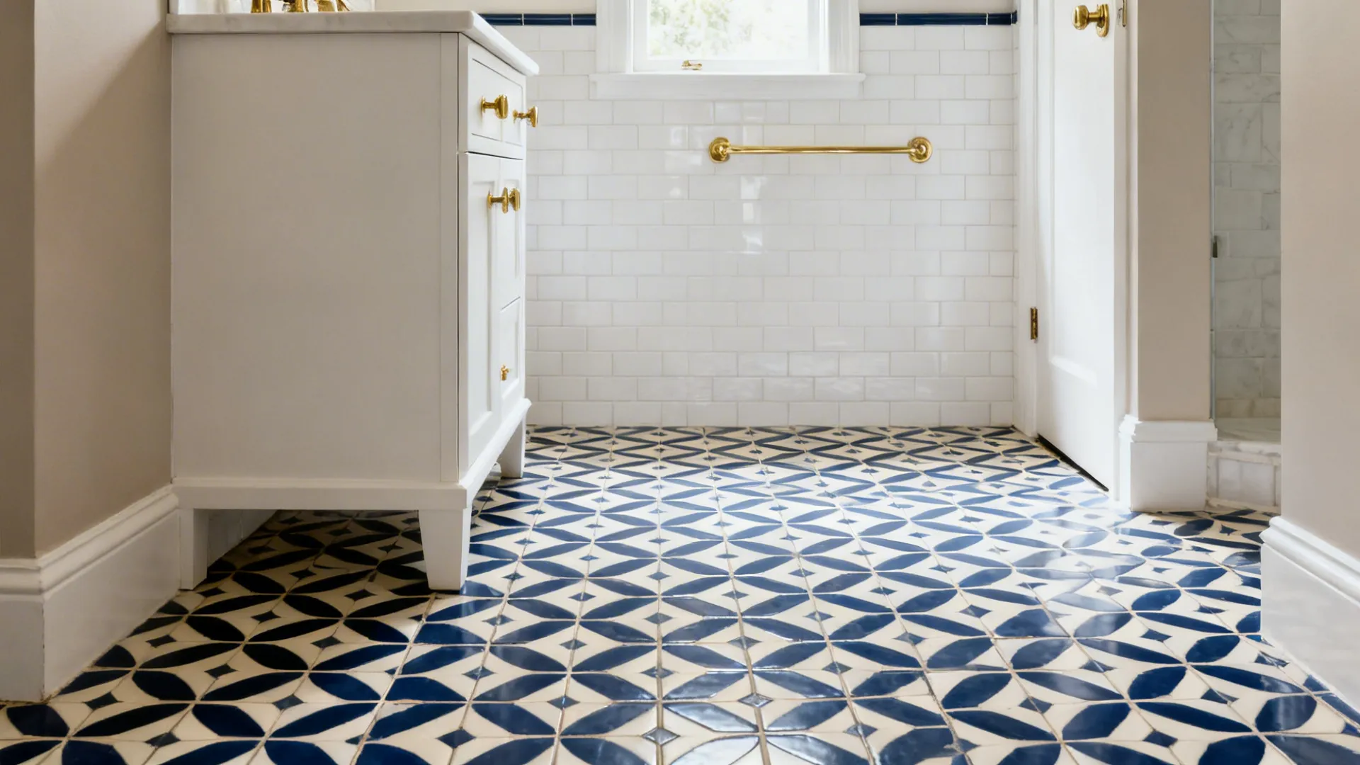Powder room with navy and ivory geometric porcelain floor and white wall tiles.