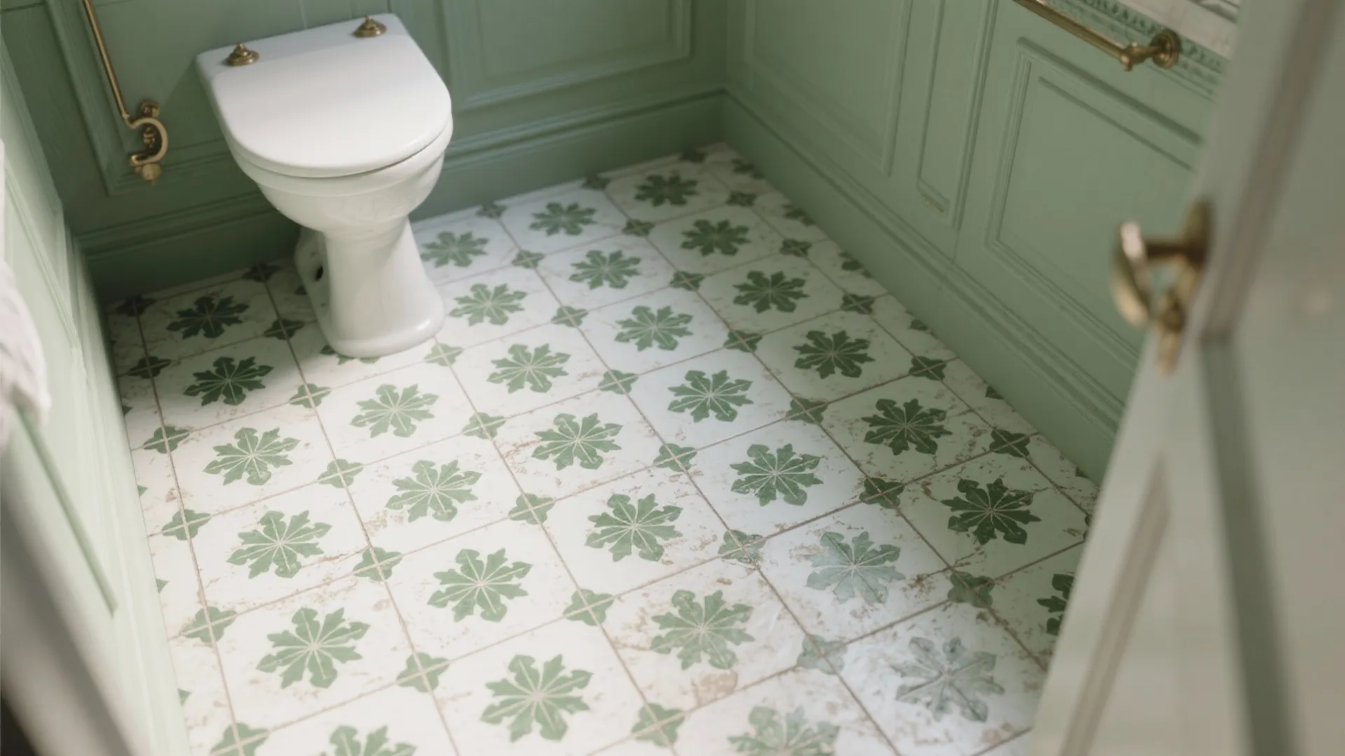 Small bathroom featuring green wall panel white toilet and green flower pattern floor tiles design