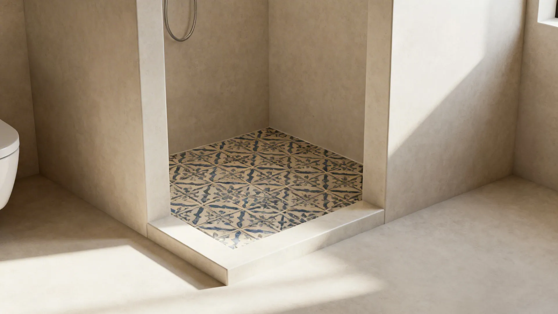 Small bathroom with a confined encaustic-look tile inset creating a focal point.