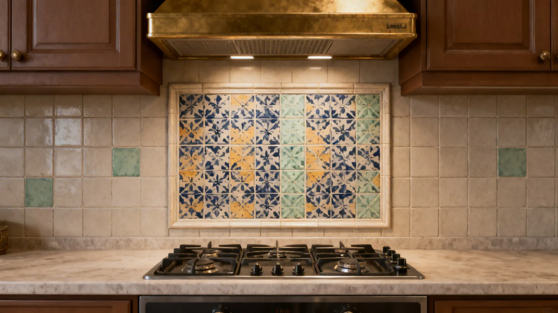 Encaustic-look patterned tile panel behind stove with walnut cabinets and brass accents.