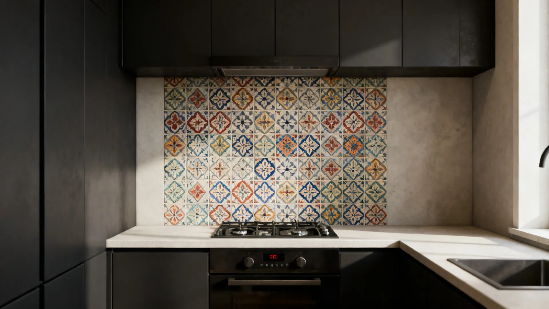 Patterned encaustic-look tiles as a focal backsplash behind the range paired with dark cabinets