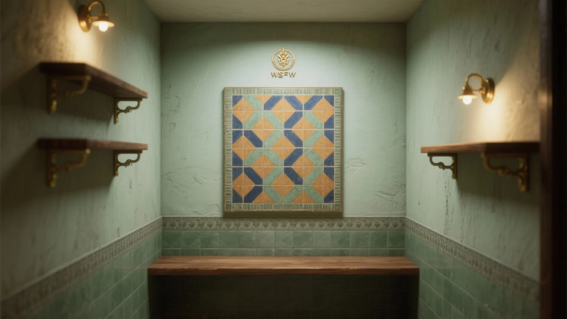 Green interior room featuring colorful geometric tile pattern with wood shelves and two gold wall lights