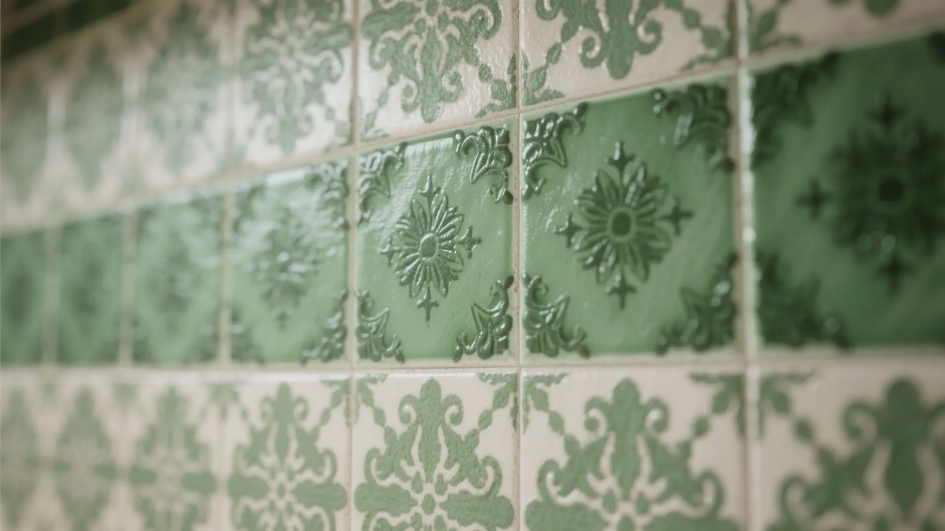 Close-up of patterned green encaustic-look tiles showing vintage motifs