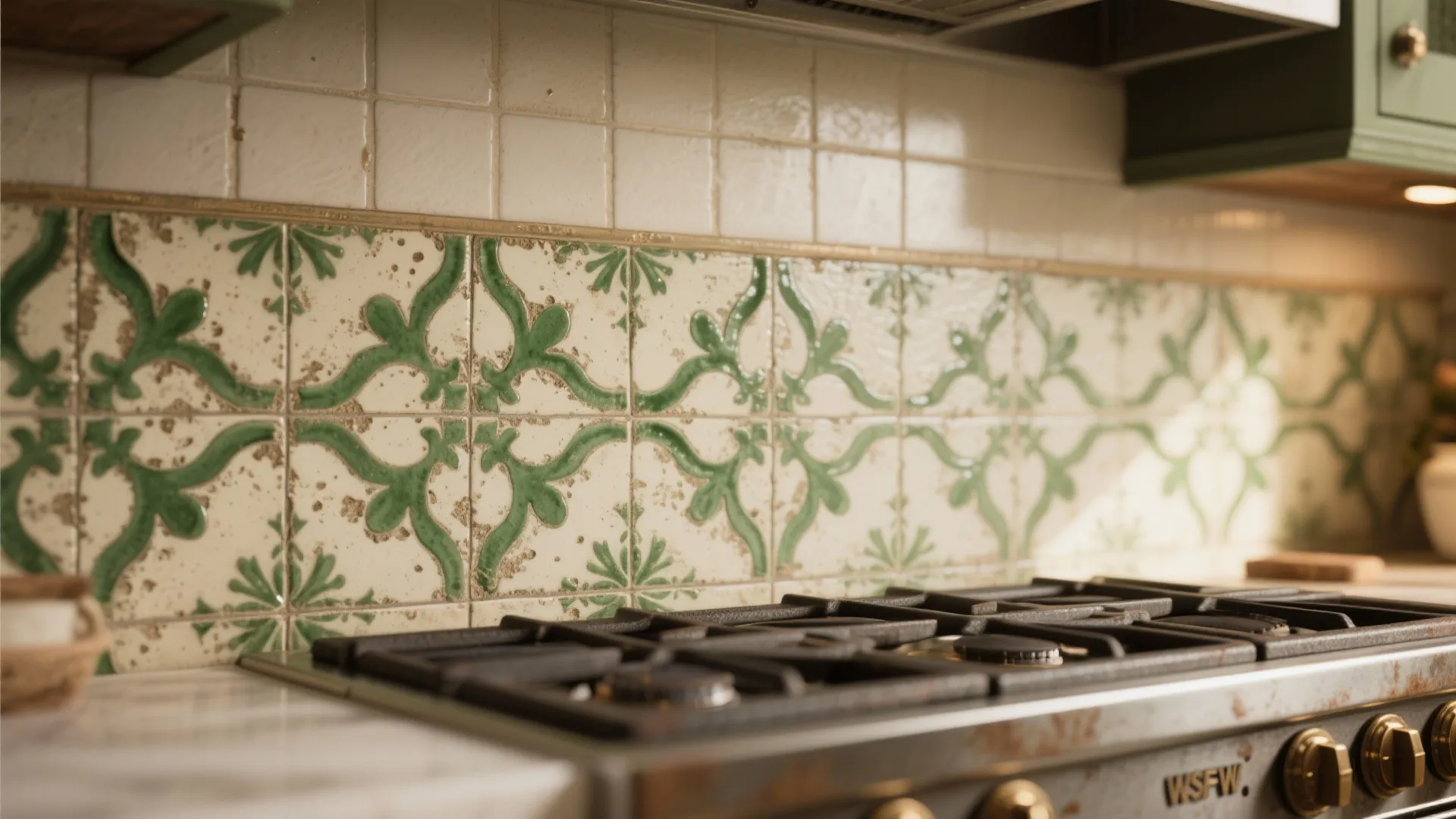 Close up of patterned green and white wall tiles behind a black gas stove top