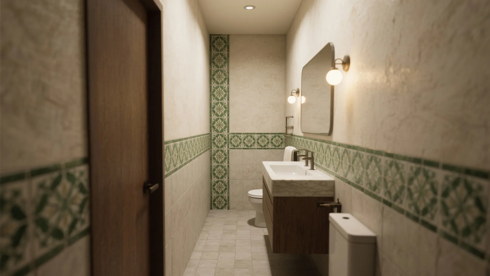 Narrow bathroom with green patterned wall tiles wooden cabinet sink mirror wall lights and toilet