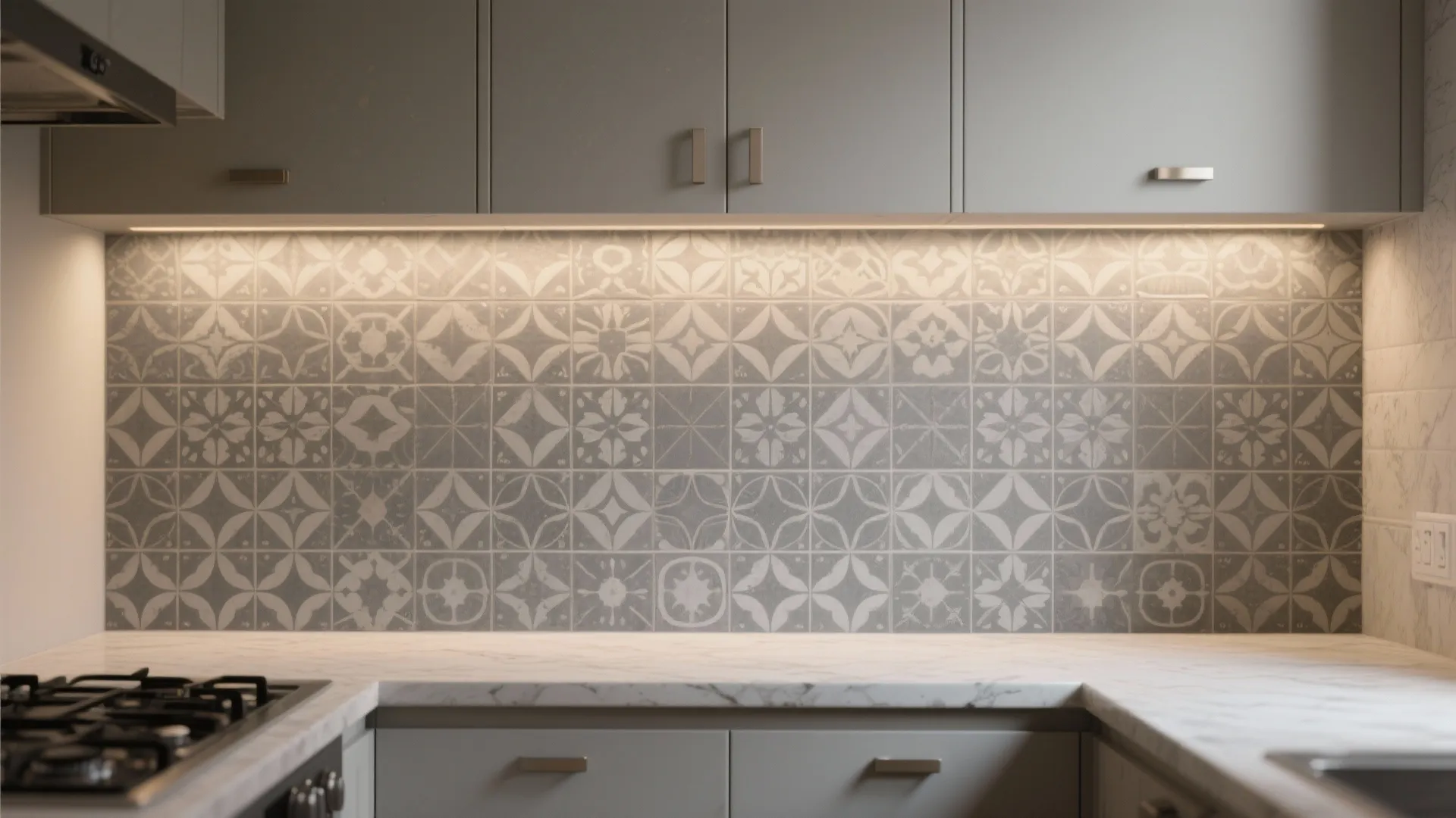 Modern kitchen with grey patterned wall tiles white marble countertop and grey cabinets with handles