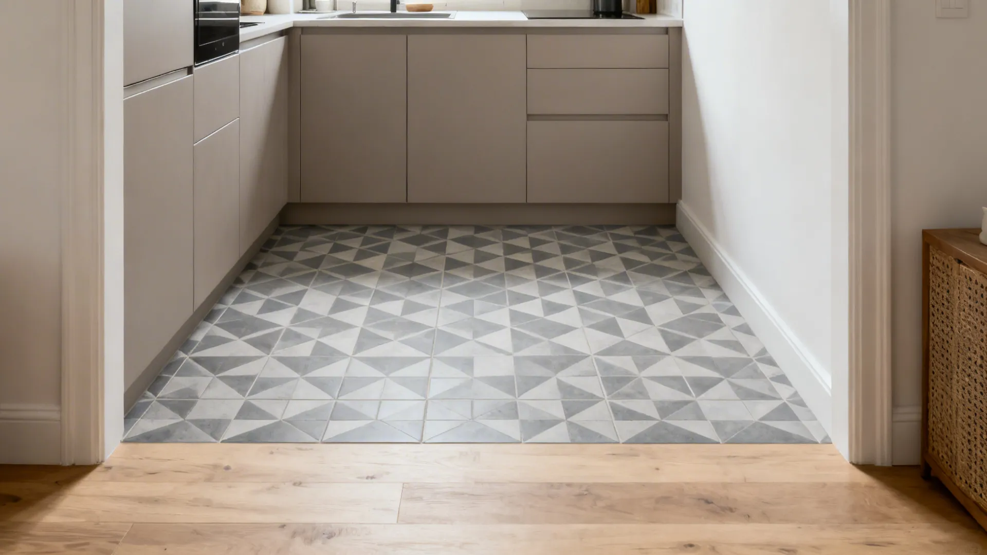 Modern kitchen interior with geometric pattern floor tiles beige cabinets and light wood flooring transition
