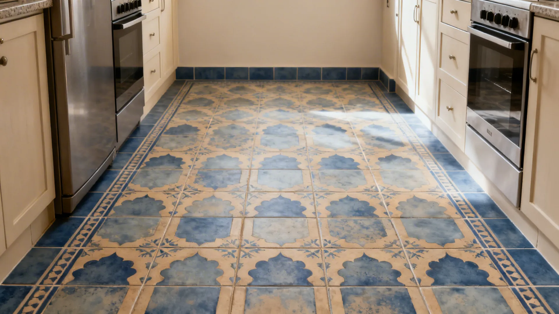 Muted blue and sand encaustic-look porcelain floor with subtle jharokha motifs.