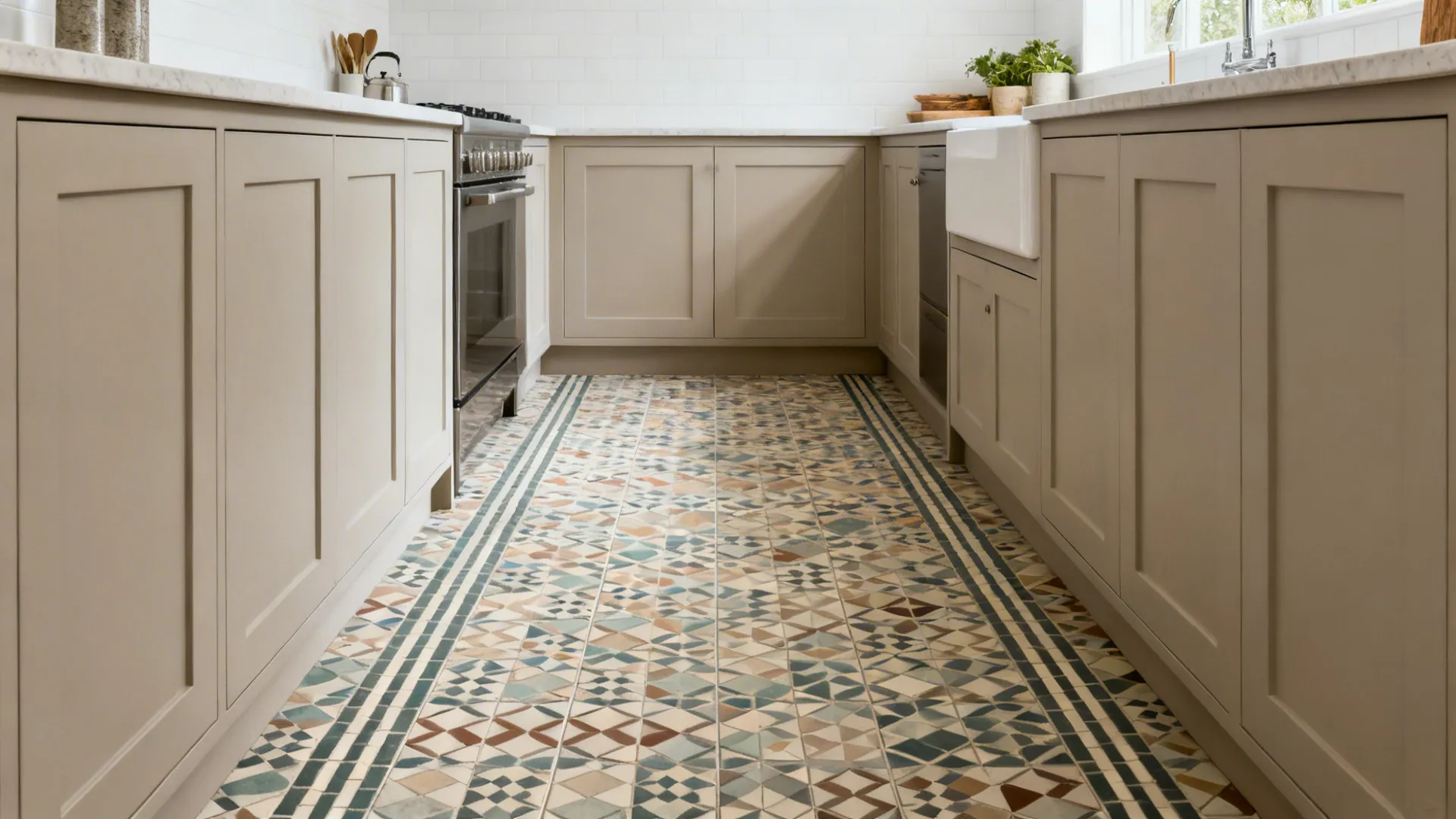 Small studio kitchen with muted geometric encaustic-look porcelain floor and simple white backsplash.