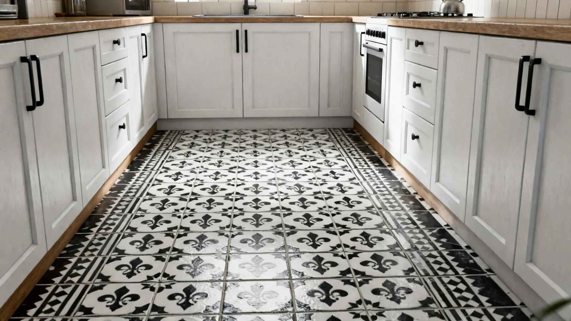 Small kitchen with black-and-white encaustic-look porcelain floor and minimal white cabinets.