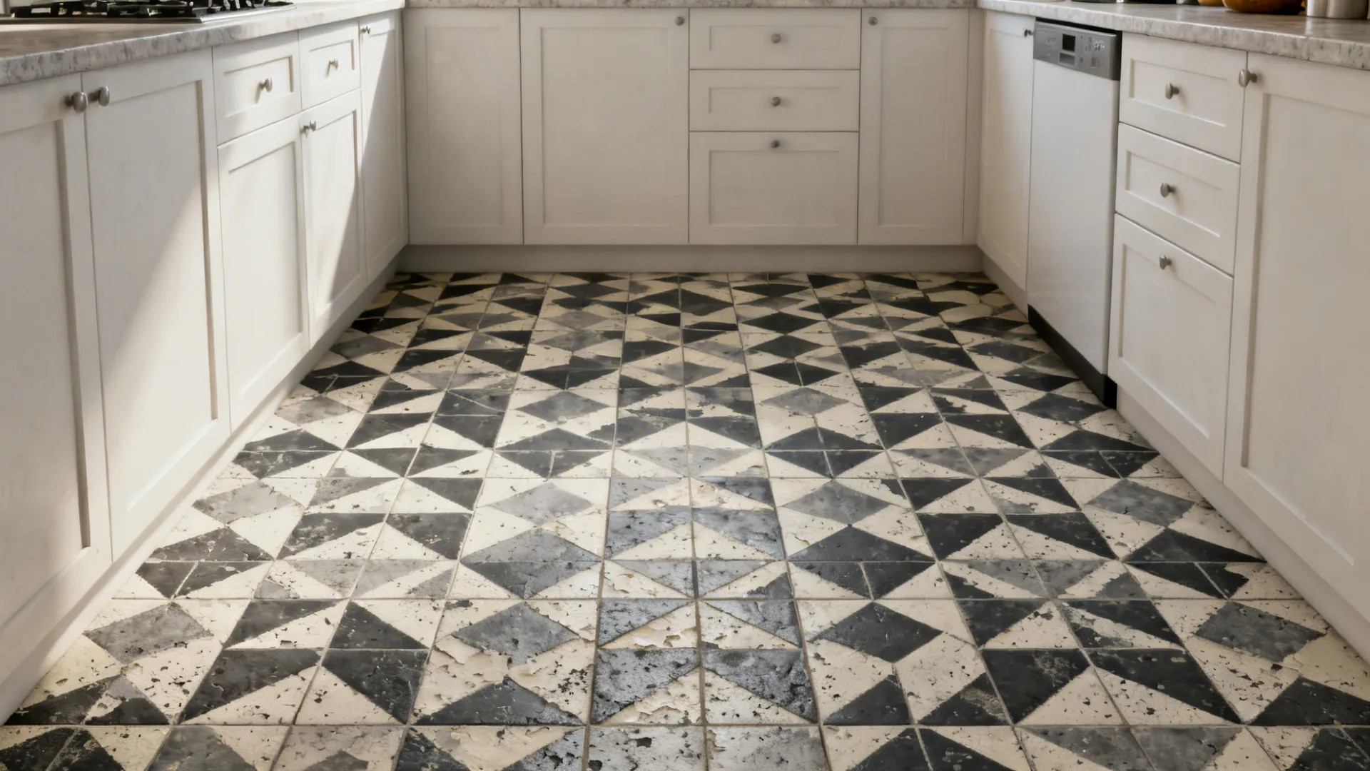 Compact kitchen with charcoal-and-cream encaustic-look porcelain floor as a bold focal feature.