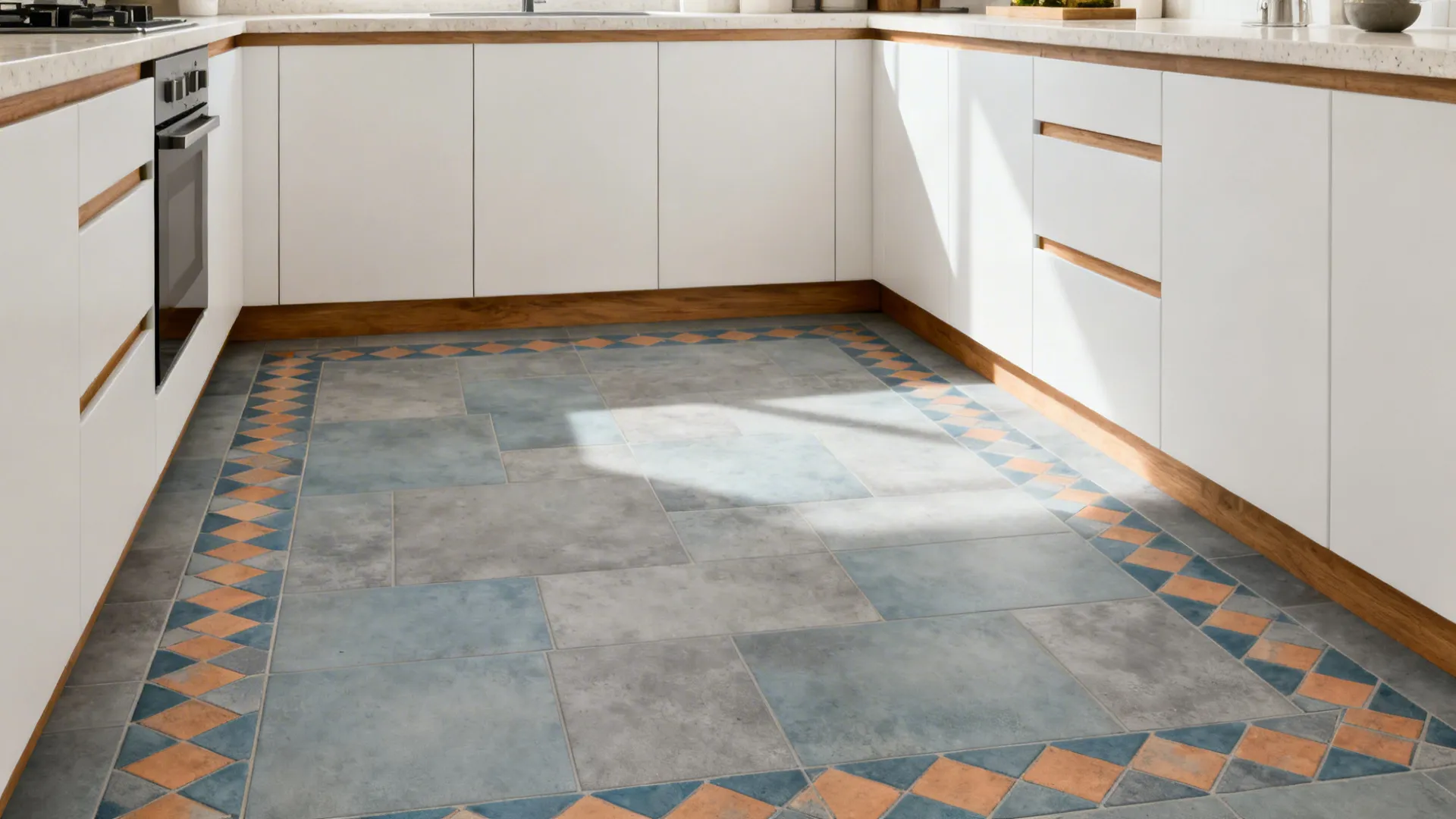 Small kitchen featuring soft slate-blue encaustic-look porcelain floor with minimal cabinetry.