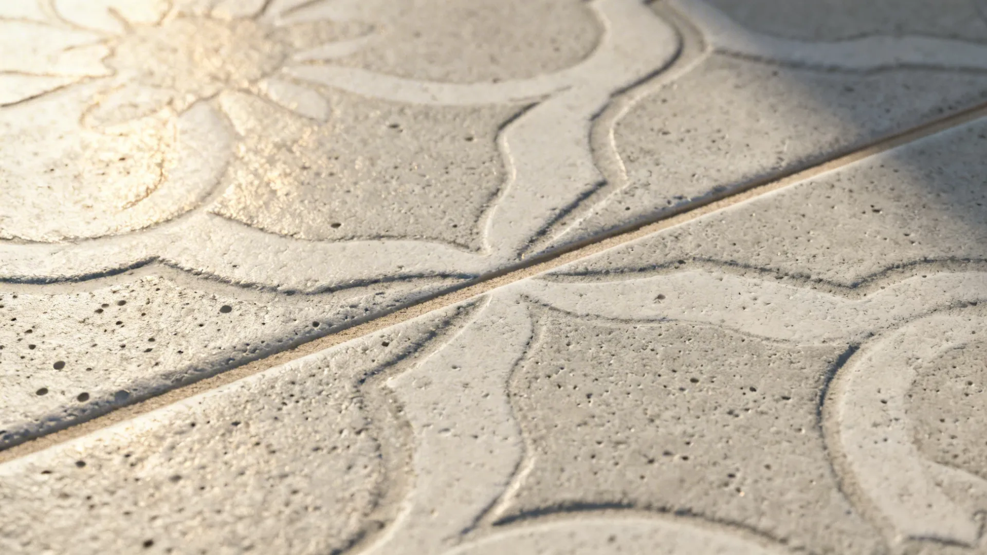 Macro of cement-look porcelain with crisp encaustic-style pattern and matte texture.