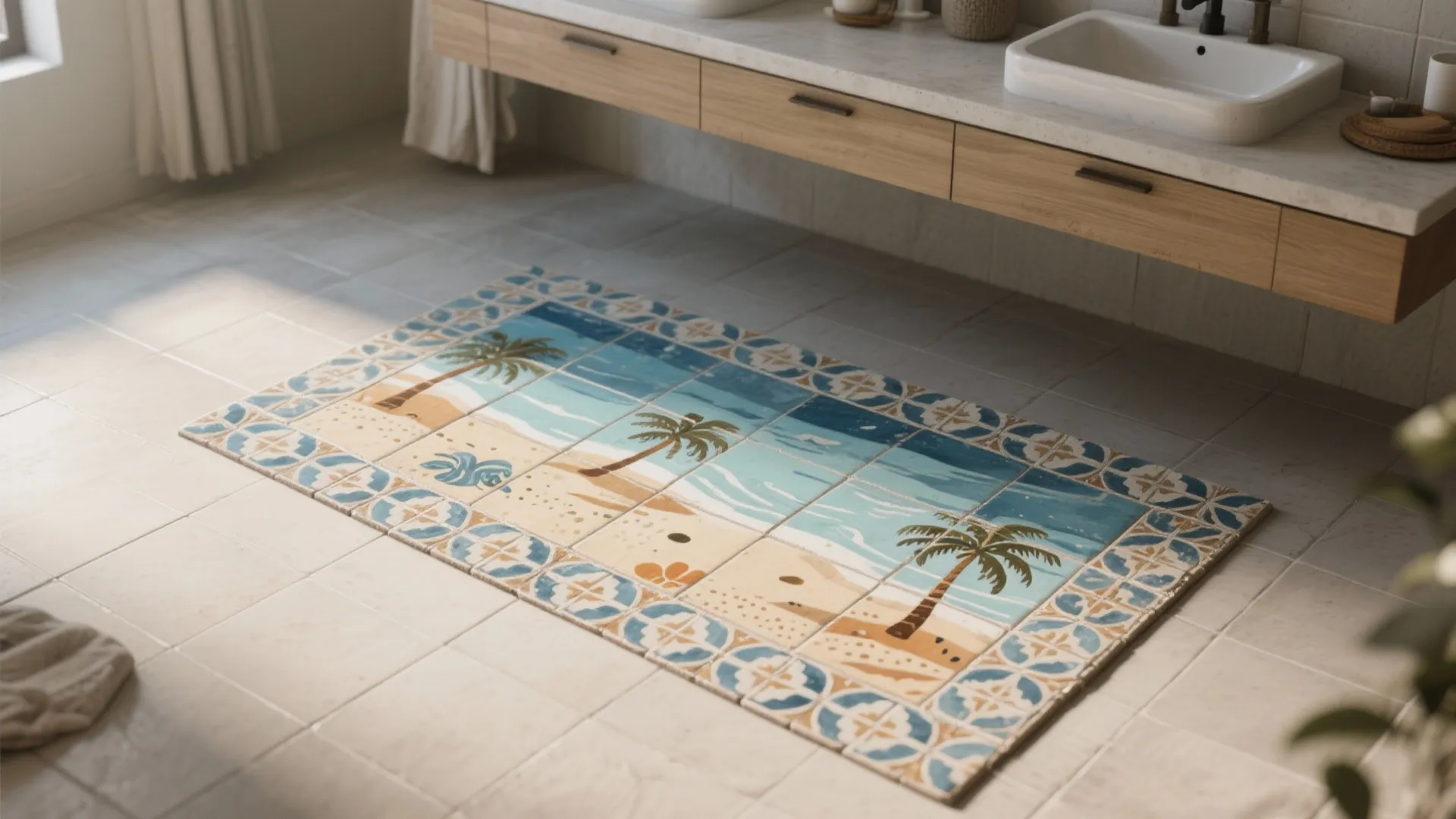 5. Patterned encaustic or cement-look tiles as a focal mat