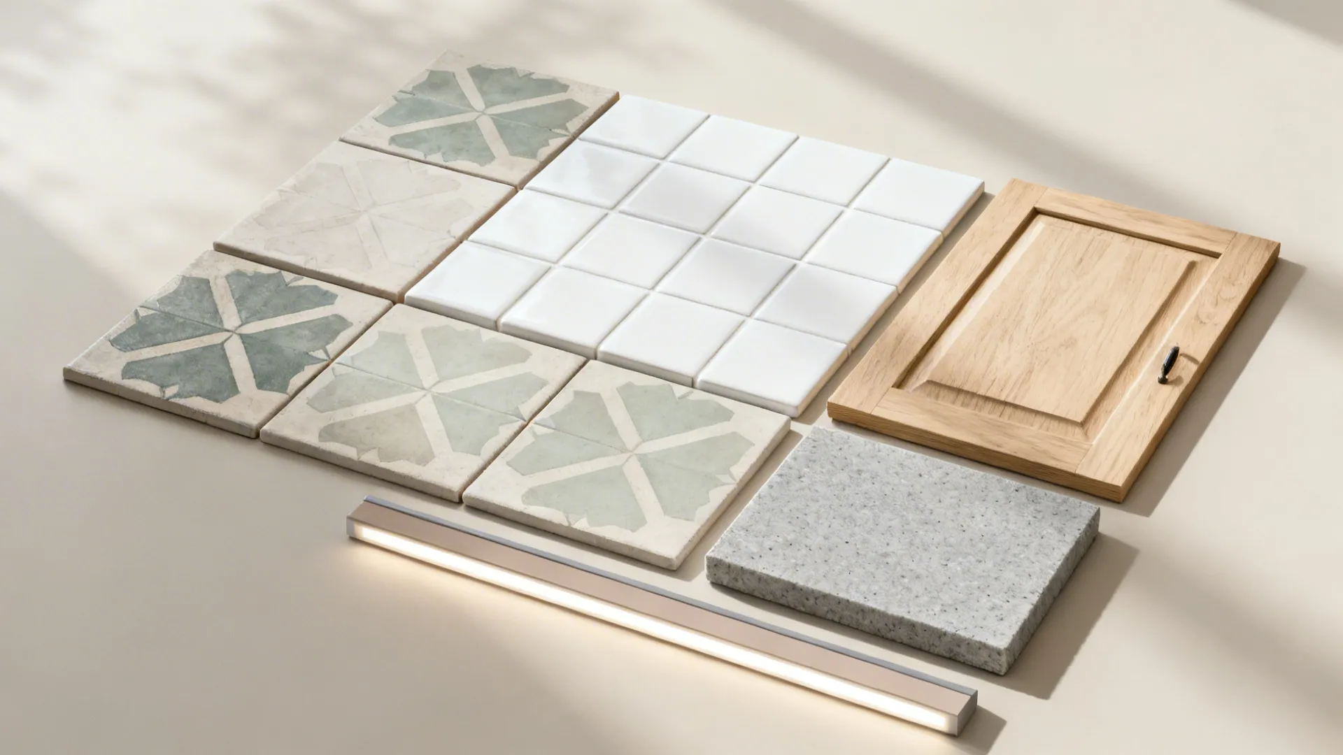 Material flatlay with encaustic-look tile samples, white field tile, light oak, quartz, and grout.