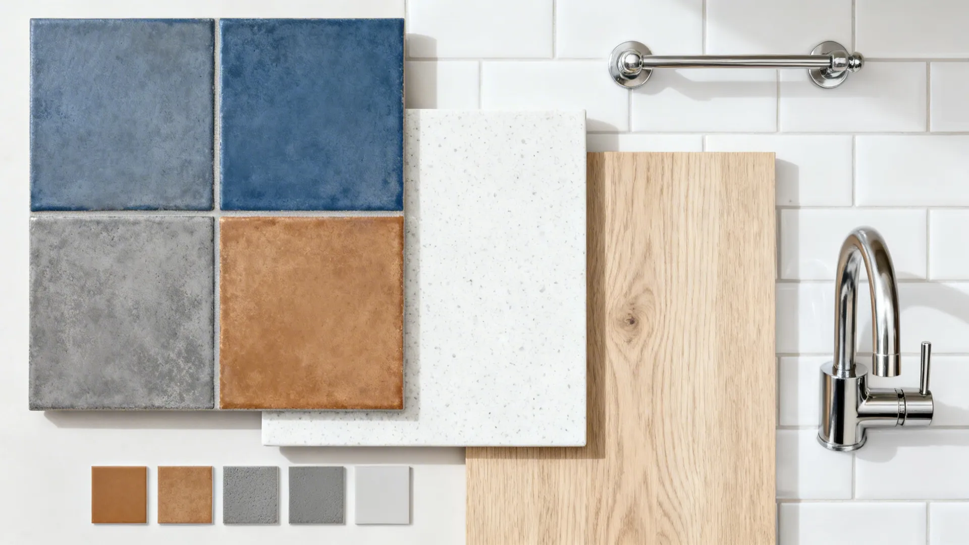 Top-down flatlay of encaustic-look tile with coordinating quartz, oak, and grout swatches.