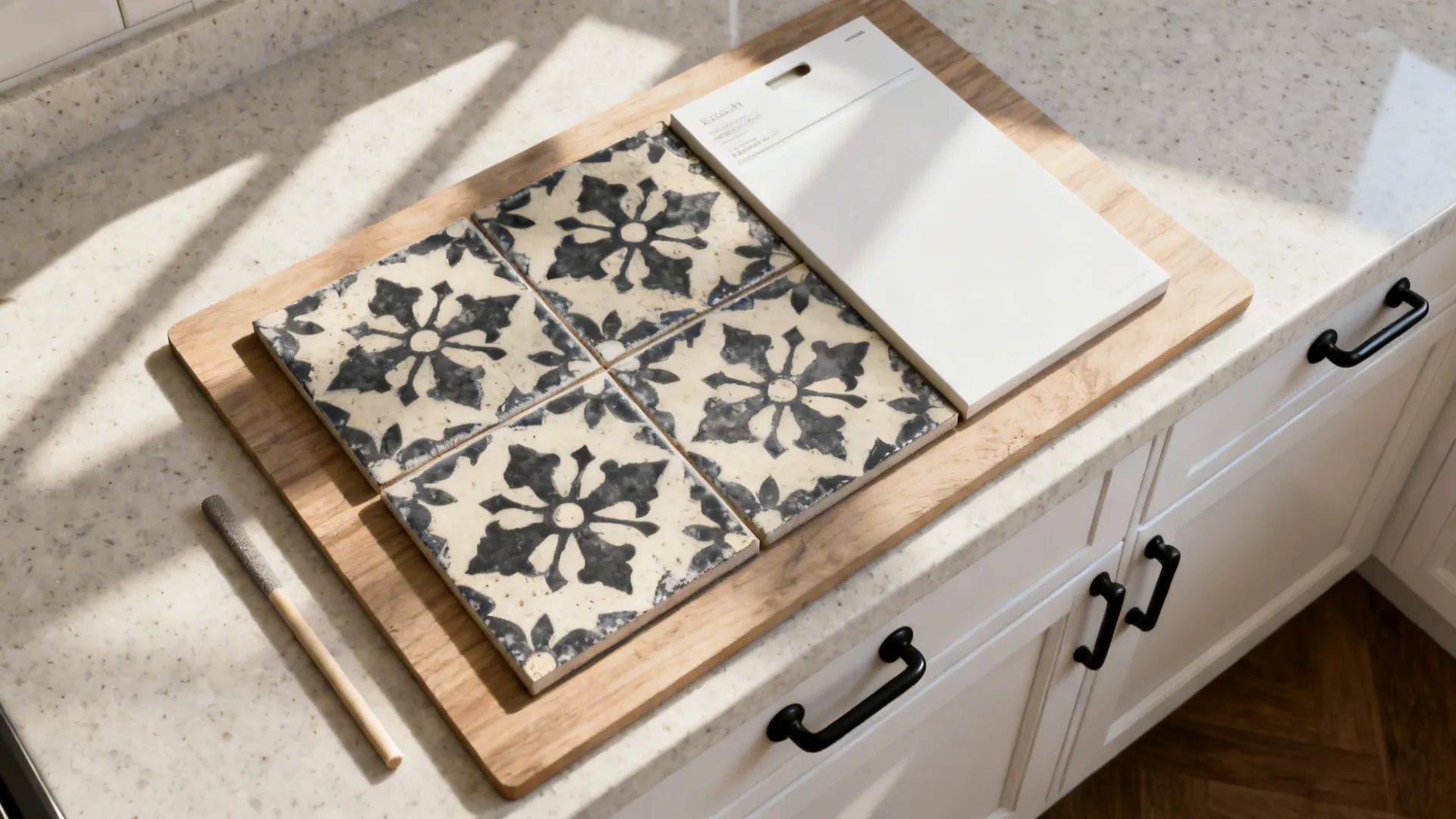 Flat lay of encaustic-look tile with cabinet, countertop, hardware, and grout samples.