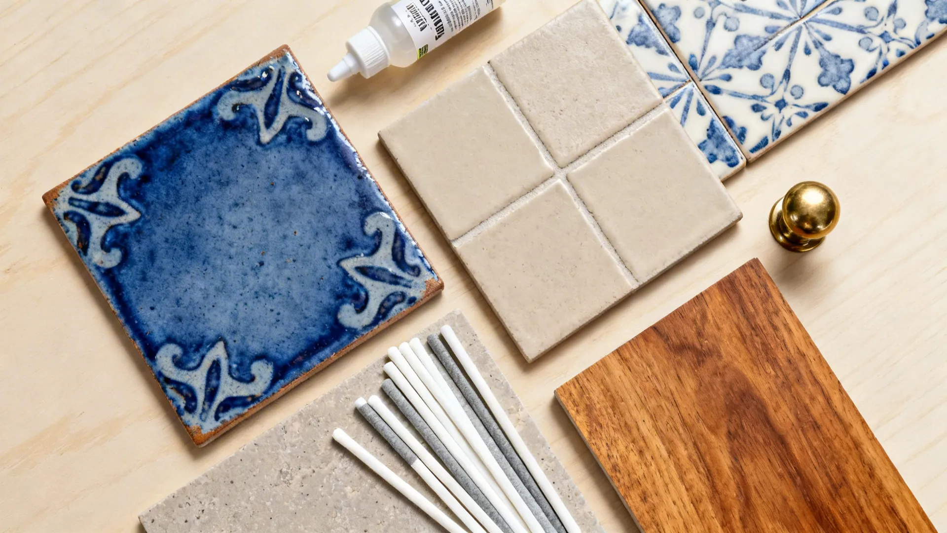 Flatlay of indigo patterned tile with neutral field tile, grout sticks, wood, and brass.