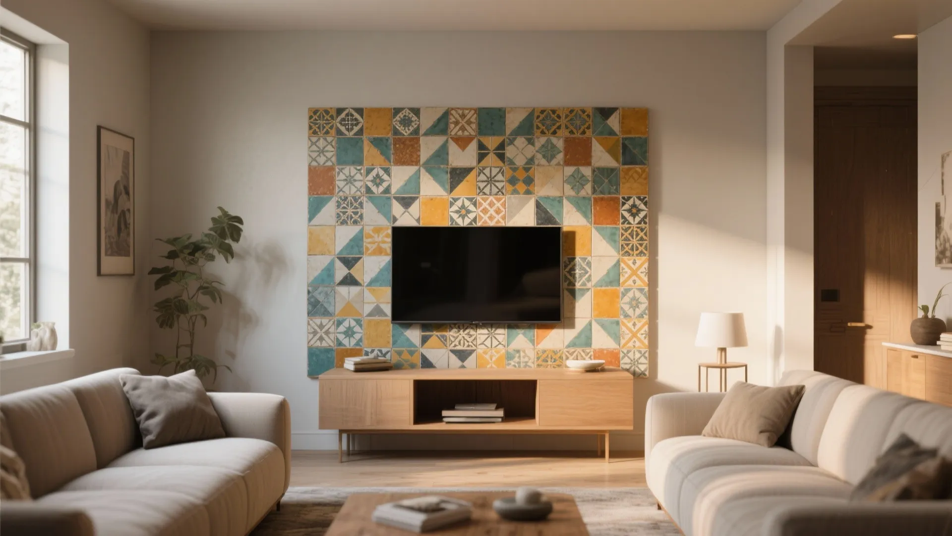 Small geometric encaustic-style tile panel behind sofa creating a colorful focal point