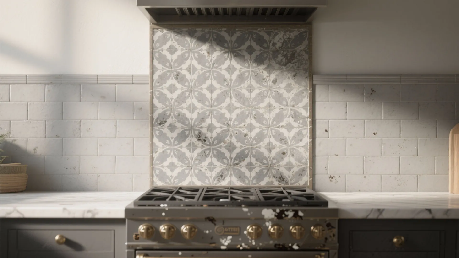 Vintage patterned wall tiles behind a black kitchen stove with white marble countertop and cabinets