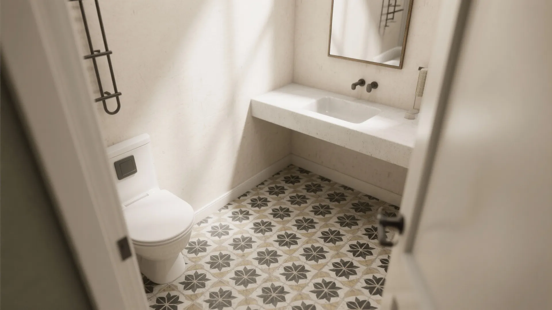 1. Bold encaustic or patterned cement-look tiles